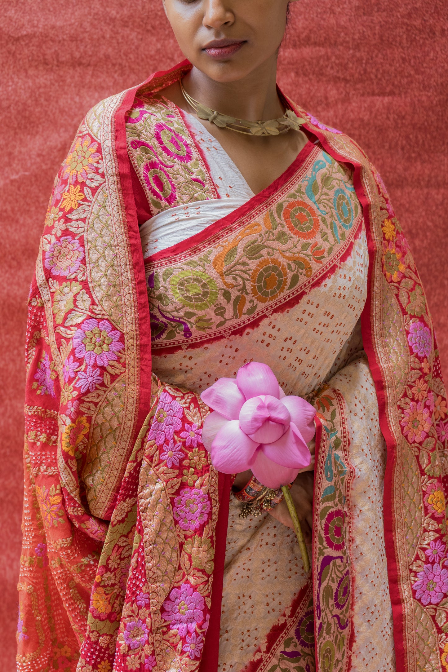 Georgette White-Red Paithani Bandhej Saree
