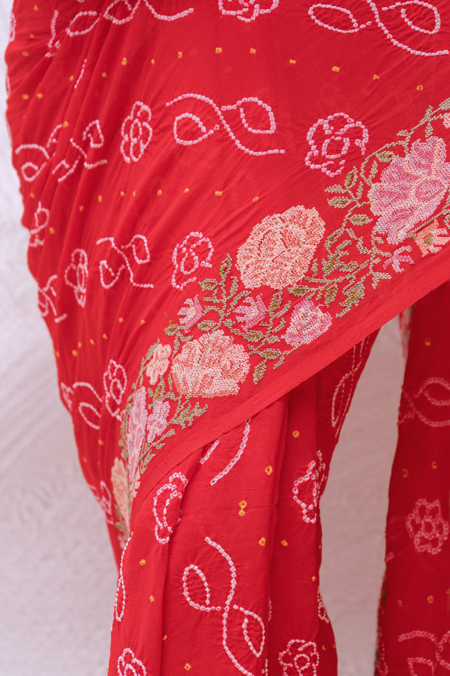 Georgette Embroidered Red Bandhej Saree