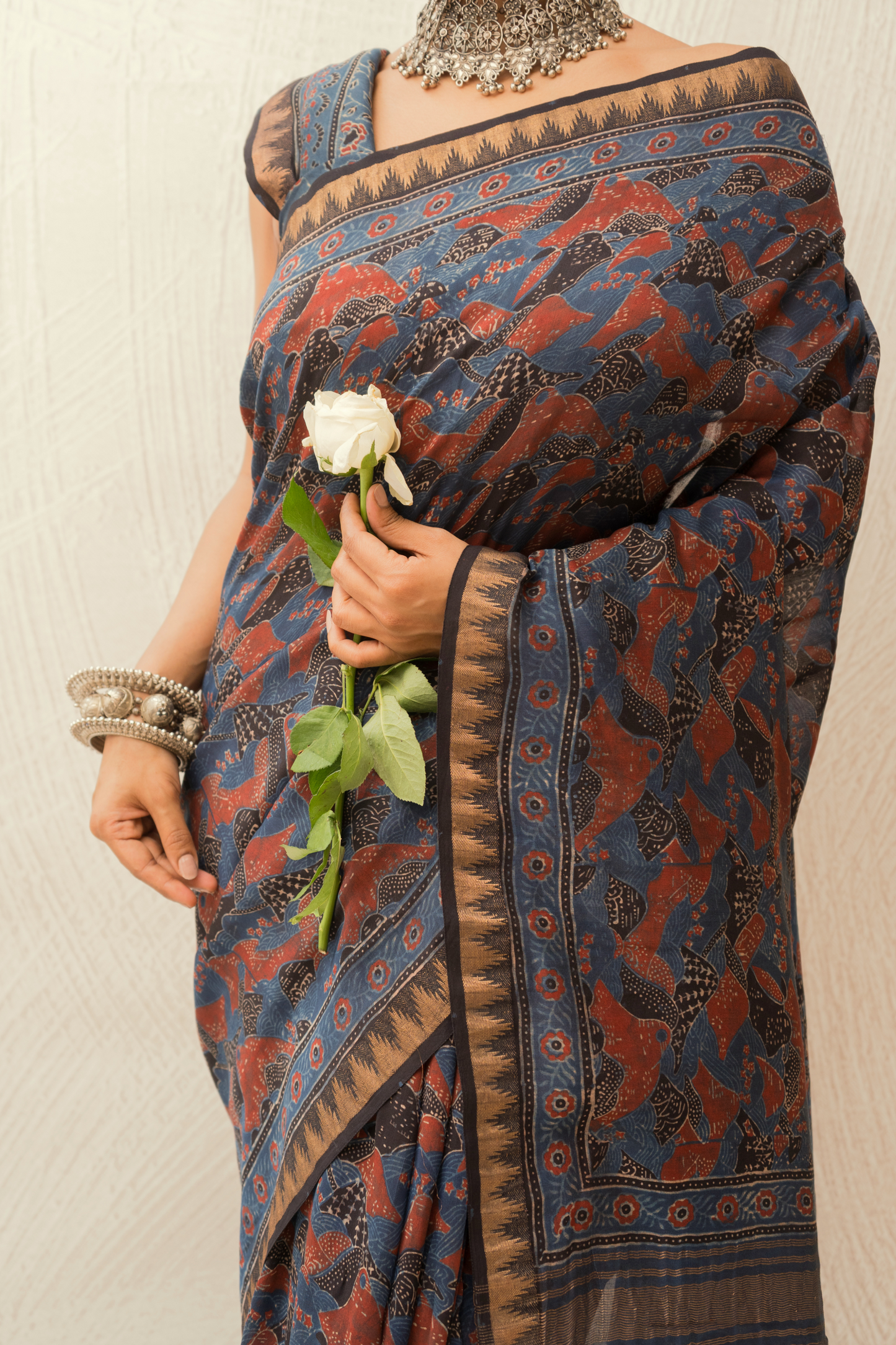 Chanderi Ajrakh Print Indigo Saree