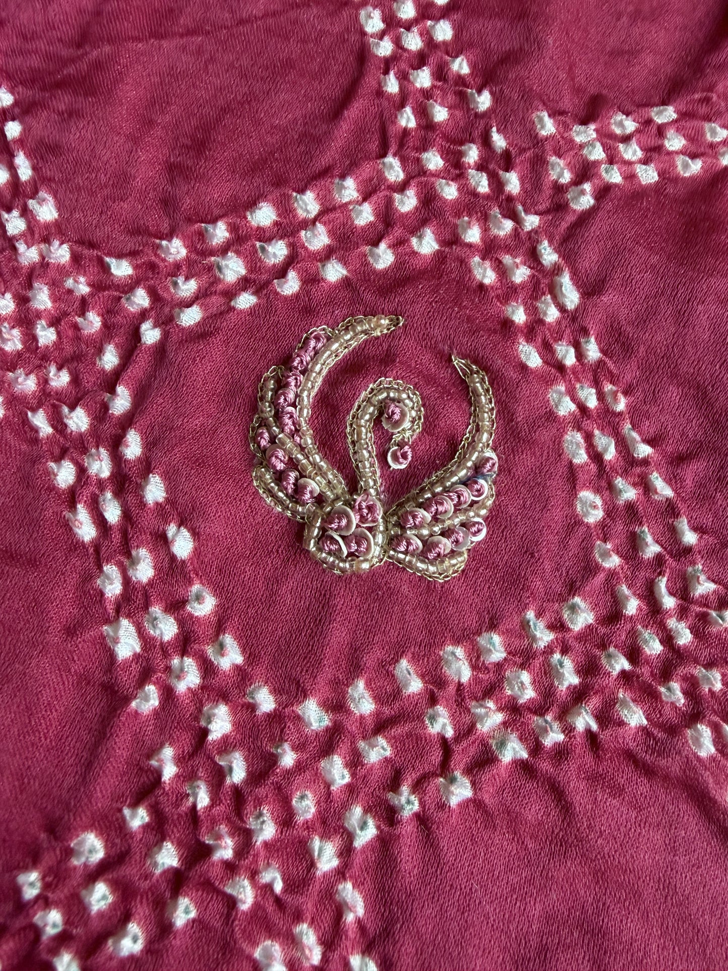 Swan Embroidered Gajji Magenta Bandhej Dupatta