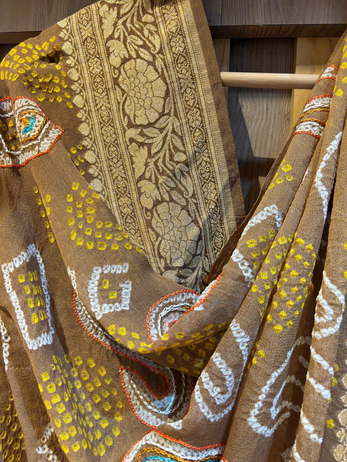 Embroidered Georgette Brown Bandhej Dupatta