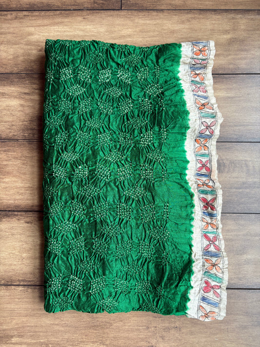 Moonga Tussar Jamdani Rai Dana Green Bandhej Dupatta