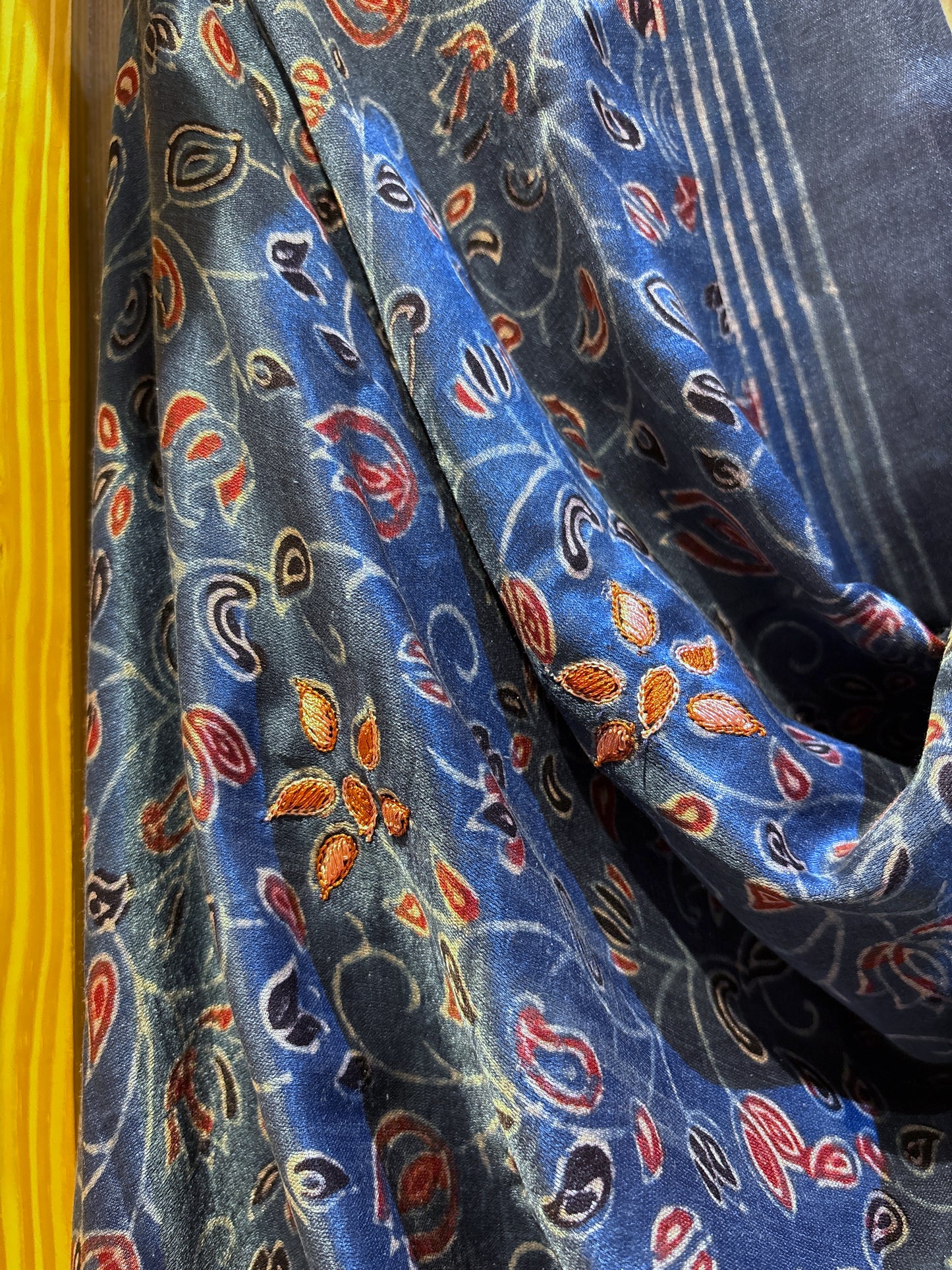 Embroidered Ajrakh Print Indigo Floral Gajji Dupatta