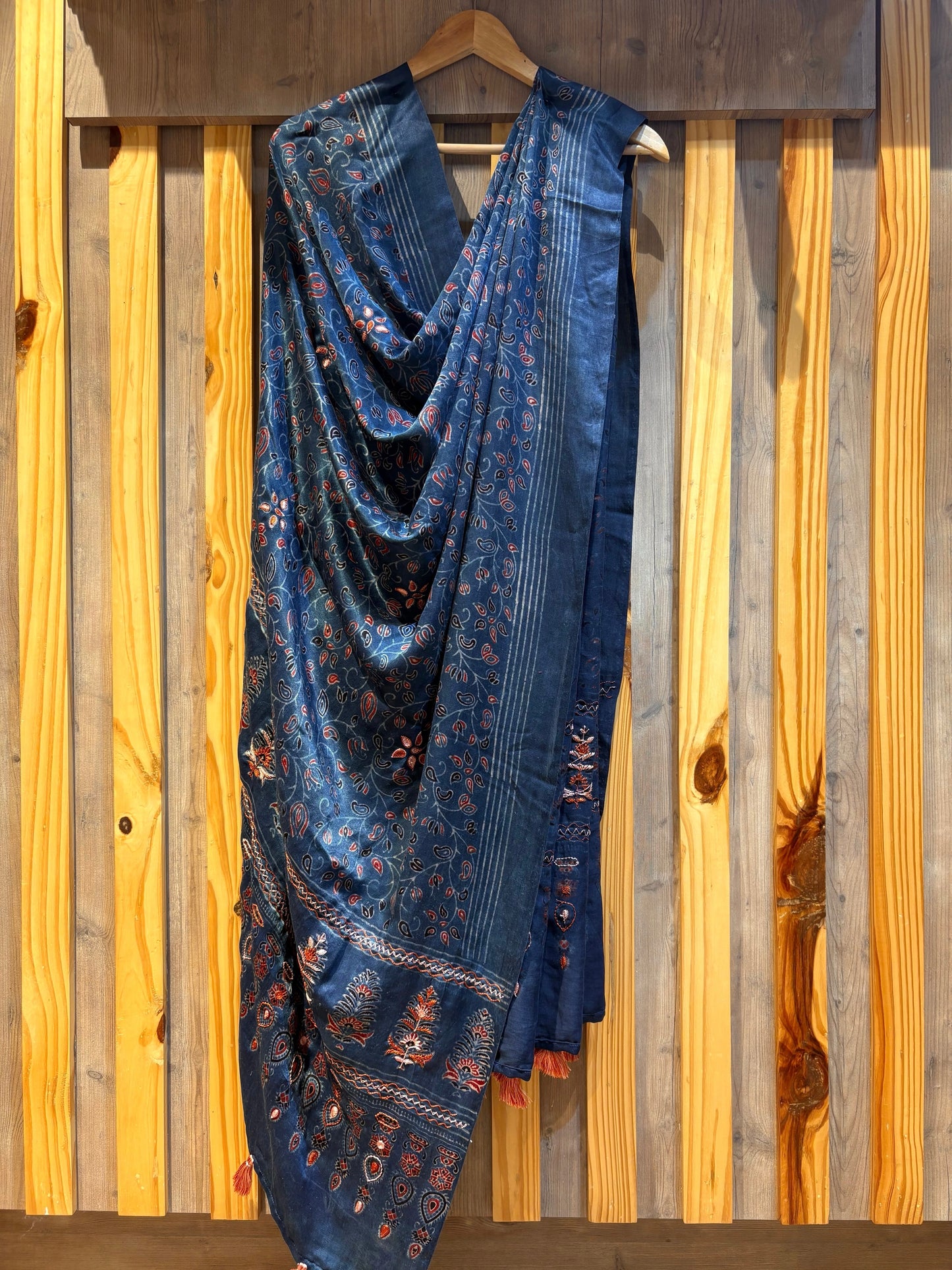 Embroidered Ajrakh Print Indigo Floral Gajji Dupatta
