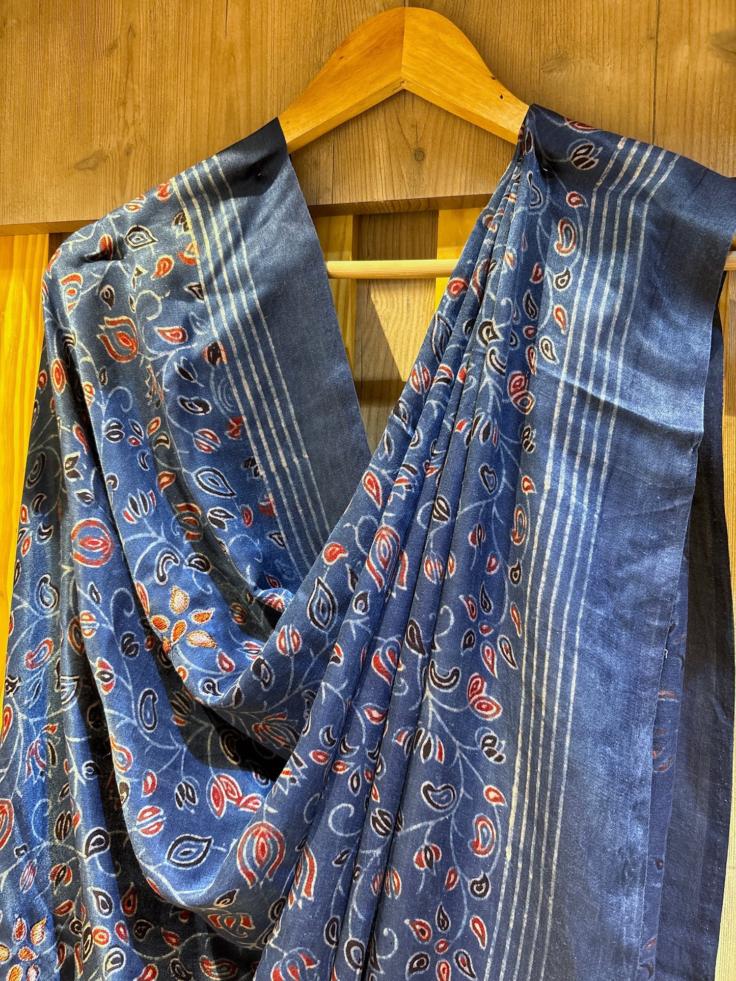 Embroidered Ajrakh Print Indigo Floral Gajji Dupatta