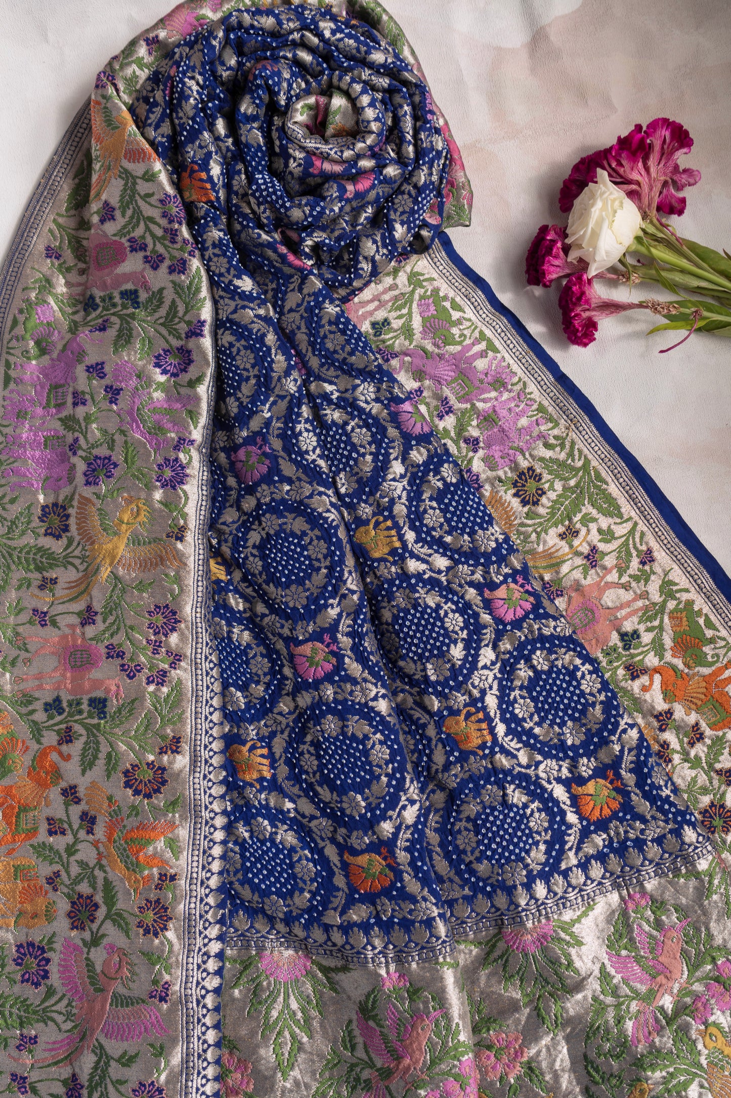 Blue Animal Weaving Meenakari Georgette Bandhej Dupatta