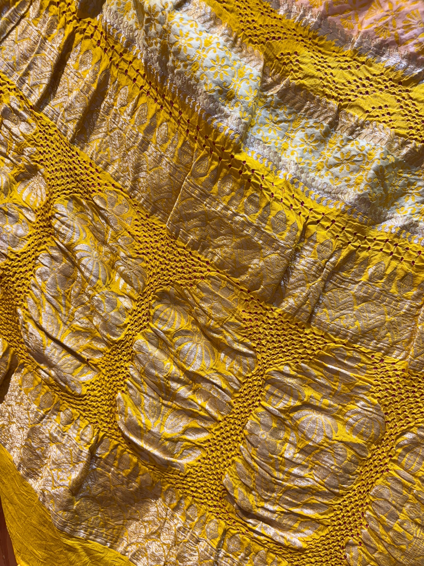 Georgette Stripes Red Rai Dana Yellow Bandhej Dupatta