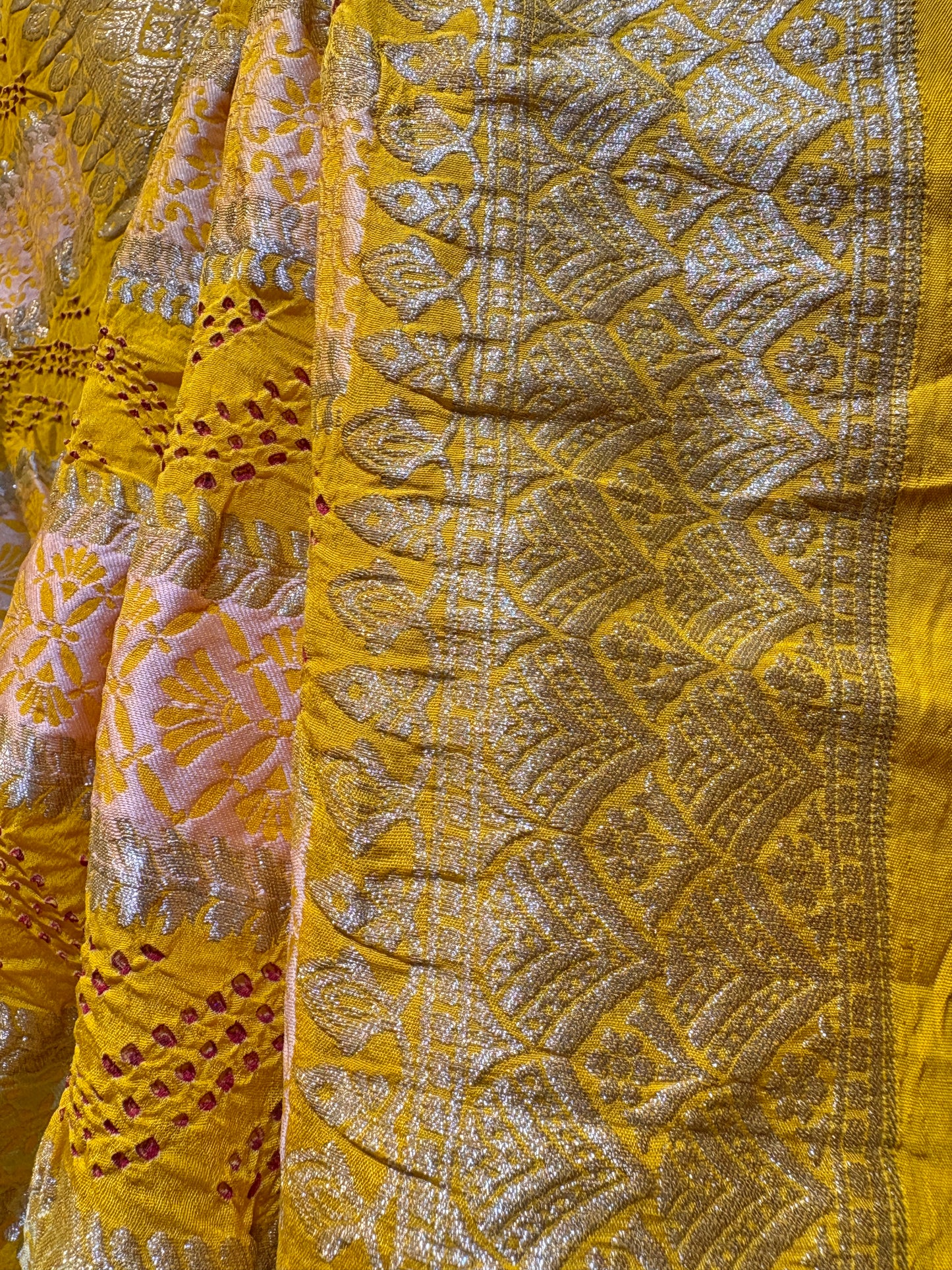 Georgette Stripes Red Rai Dana Yellow Bandhej Dupatta