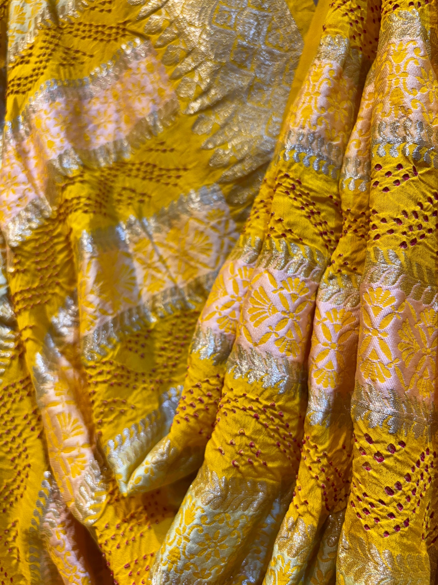 Georgette Stripes Red Rai Dana Yellow Bandhej Dupatta