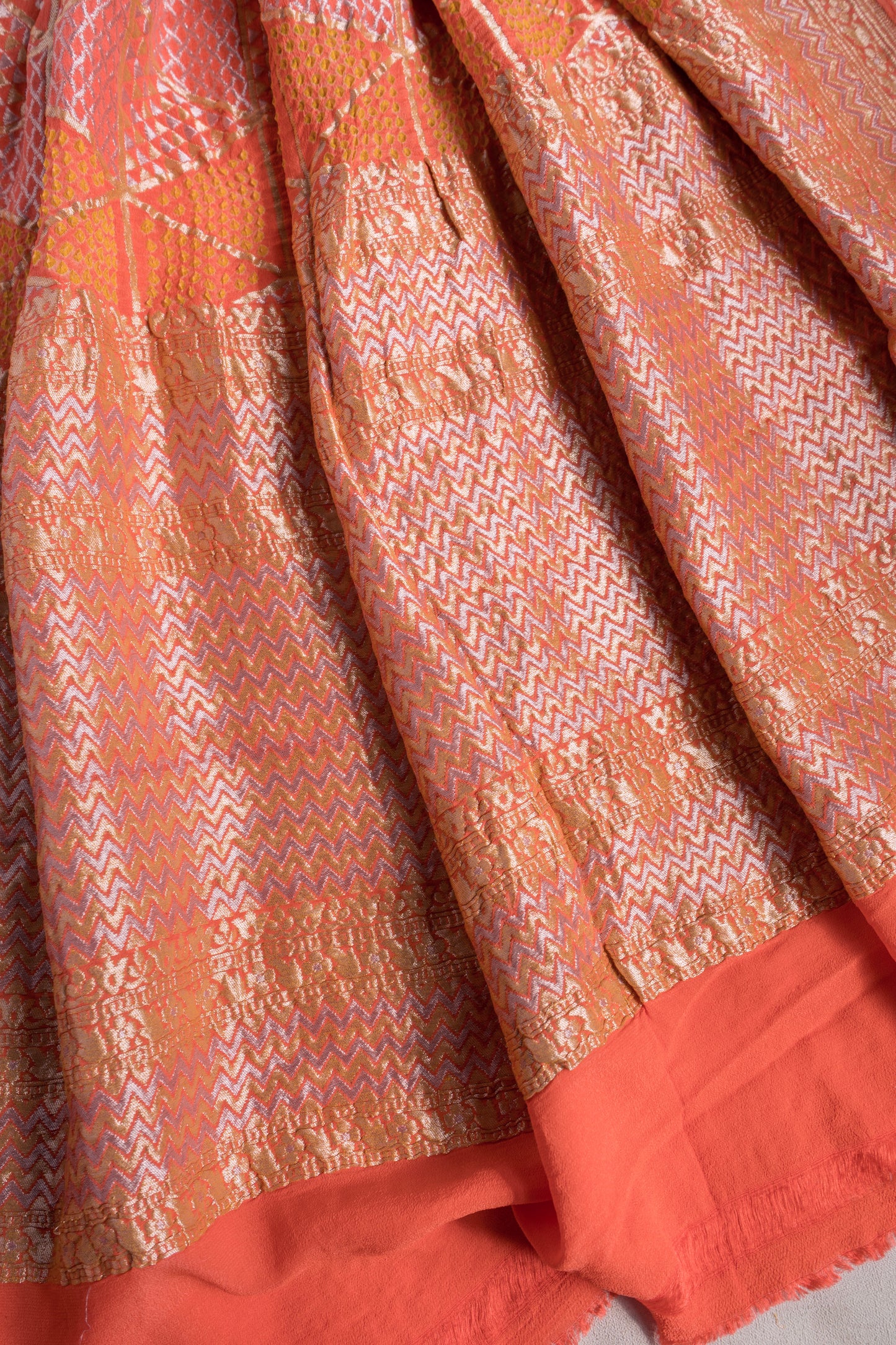 Georgette Abstract Rai Dana Peach Bandhej Dupatta