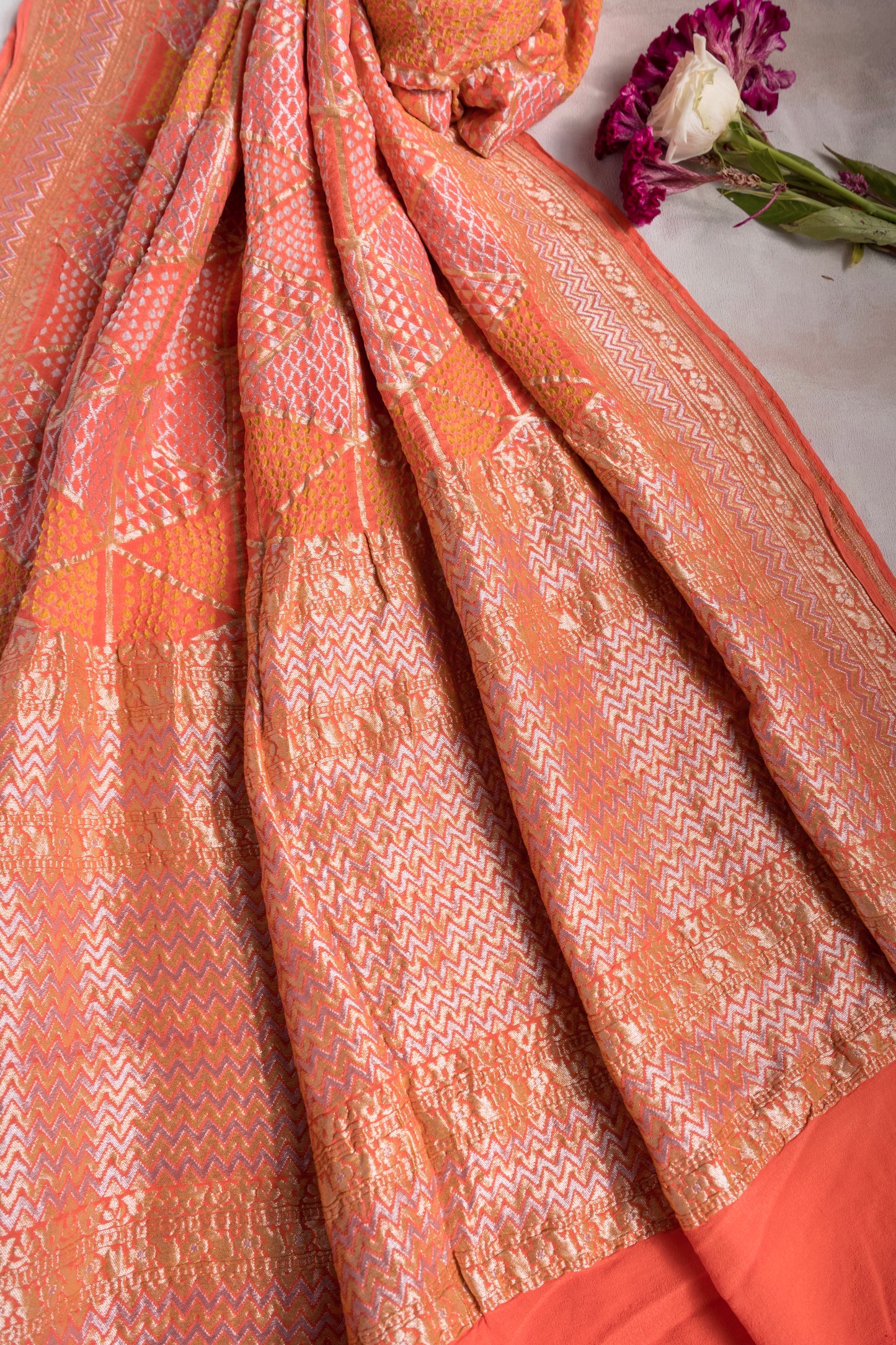 Georgette Abstract Rai Dana Peach Bandhej Dupatta