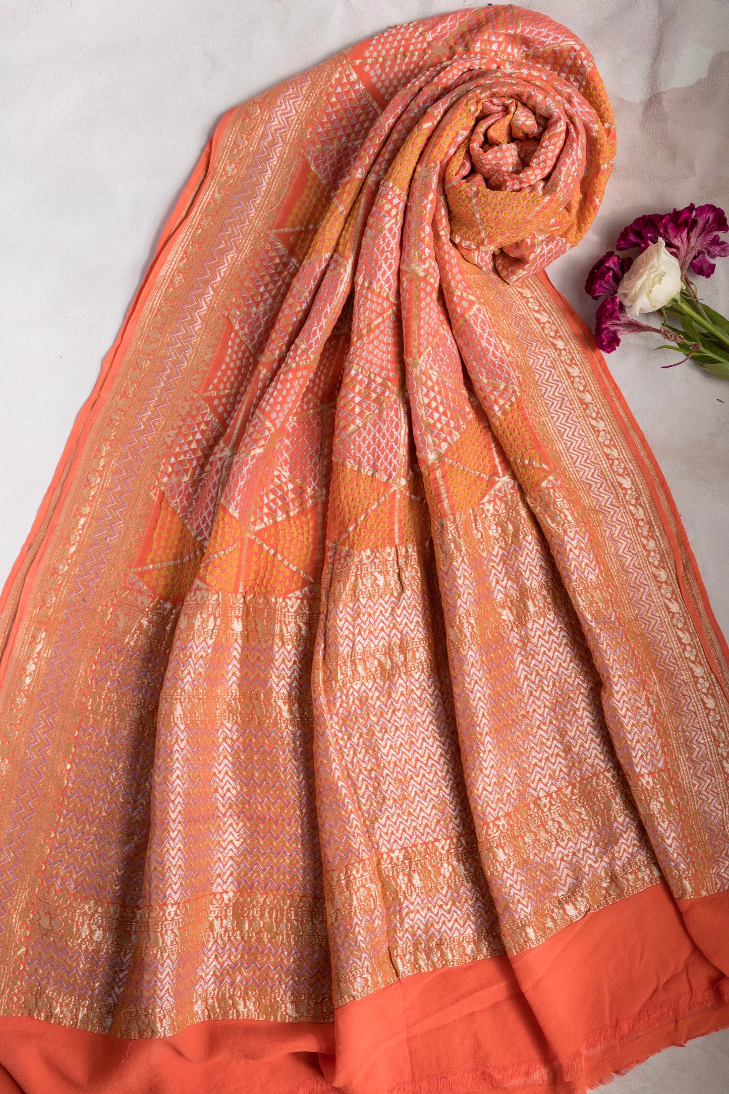 Georgette Abstract Rai Dana Peach Bandhej Dupatta
