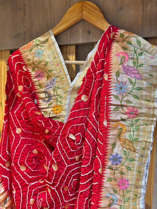 Katan Paithani Red-White Rai Dana Bandhej Dupatta