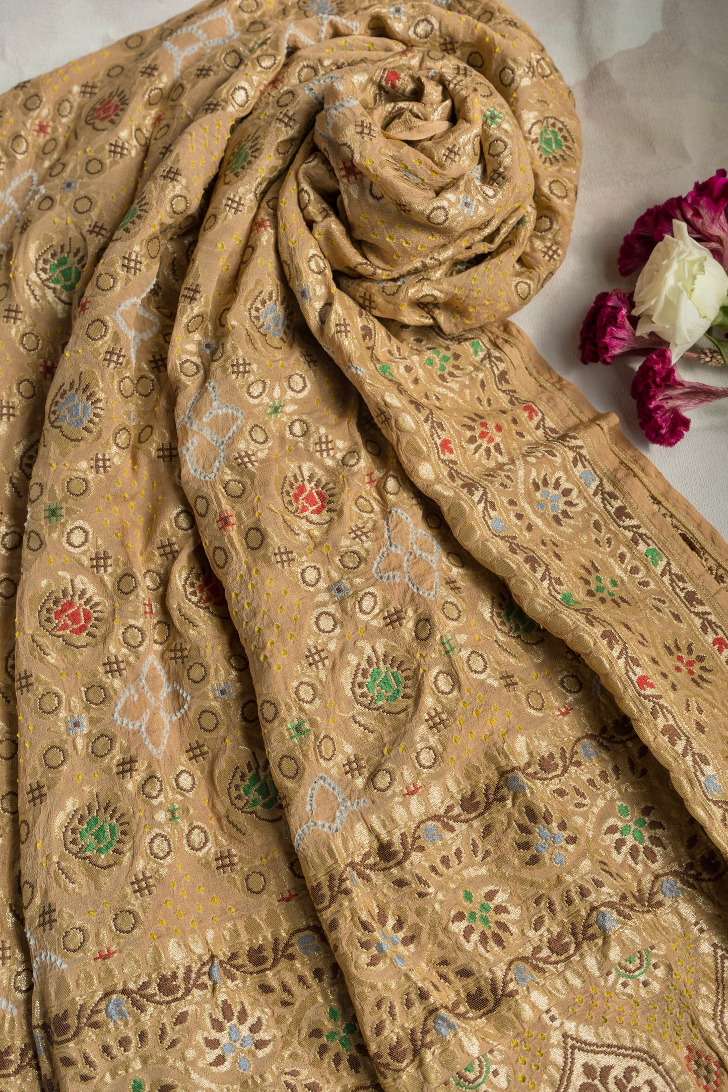 Georgette Patola Rai Dana Tusser Brown Bandhej Dupatta