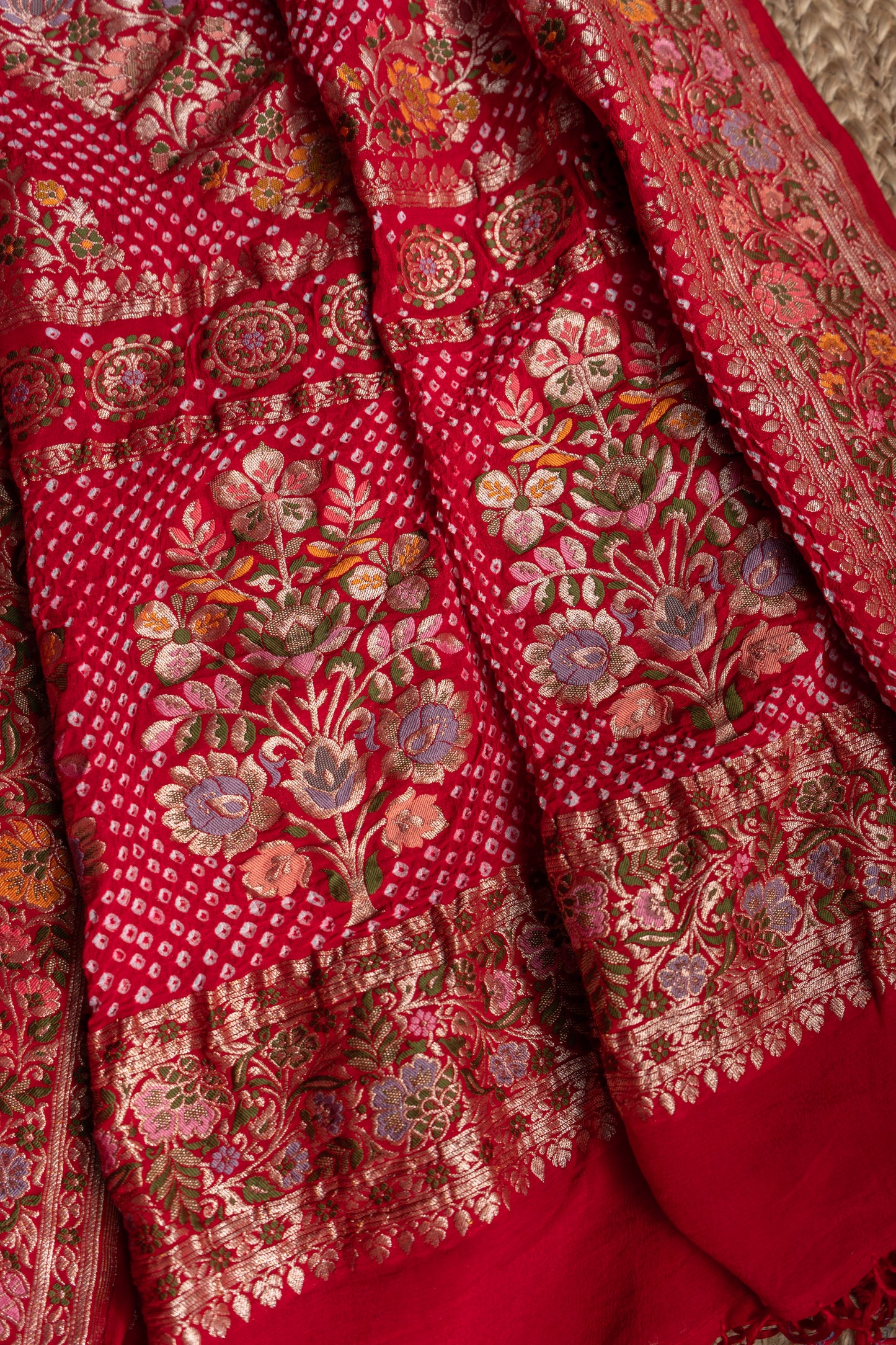 Georgette Leheriya Meenakari Red Bandhej Dupatta