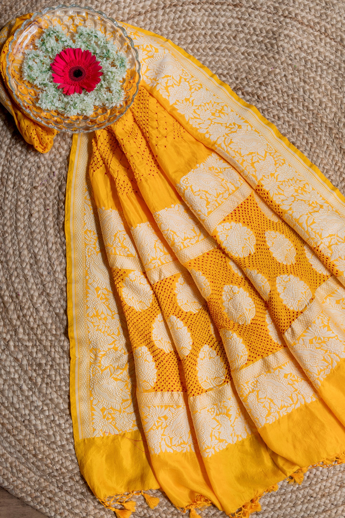 Katan Parsi Red Rai Dana Yellow Bandhej Dupatta
