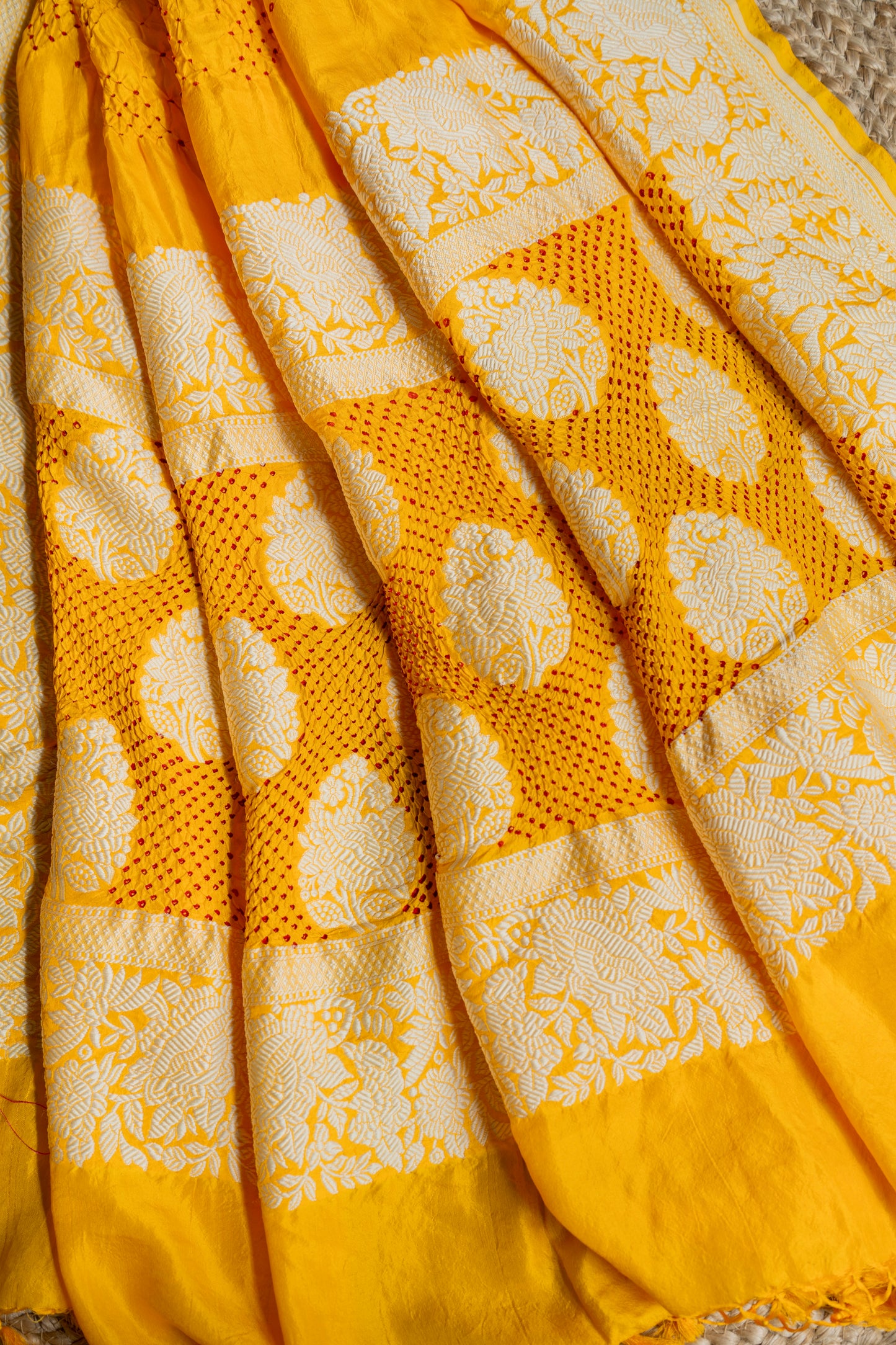 Katan Parsi Red Rai Dana Yellow Bandhej Dupatta