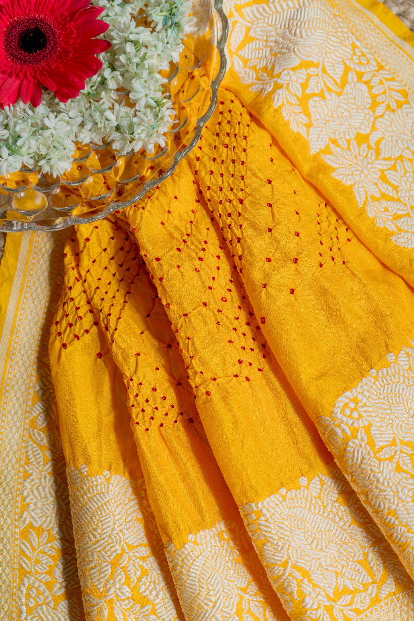 Katan Parsi Red Rai Dana Yellow Bandhej Dupatta