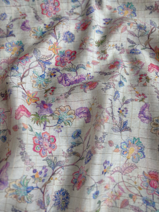 Cotton Silk Floral White Checks Fabric