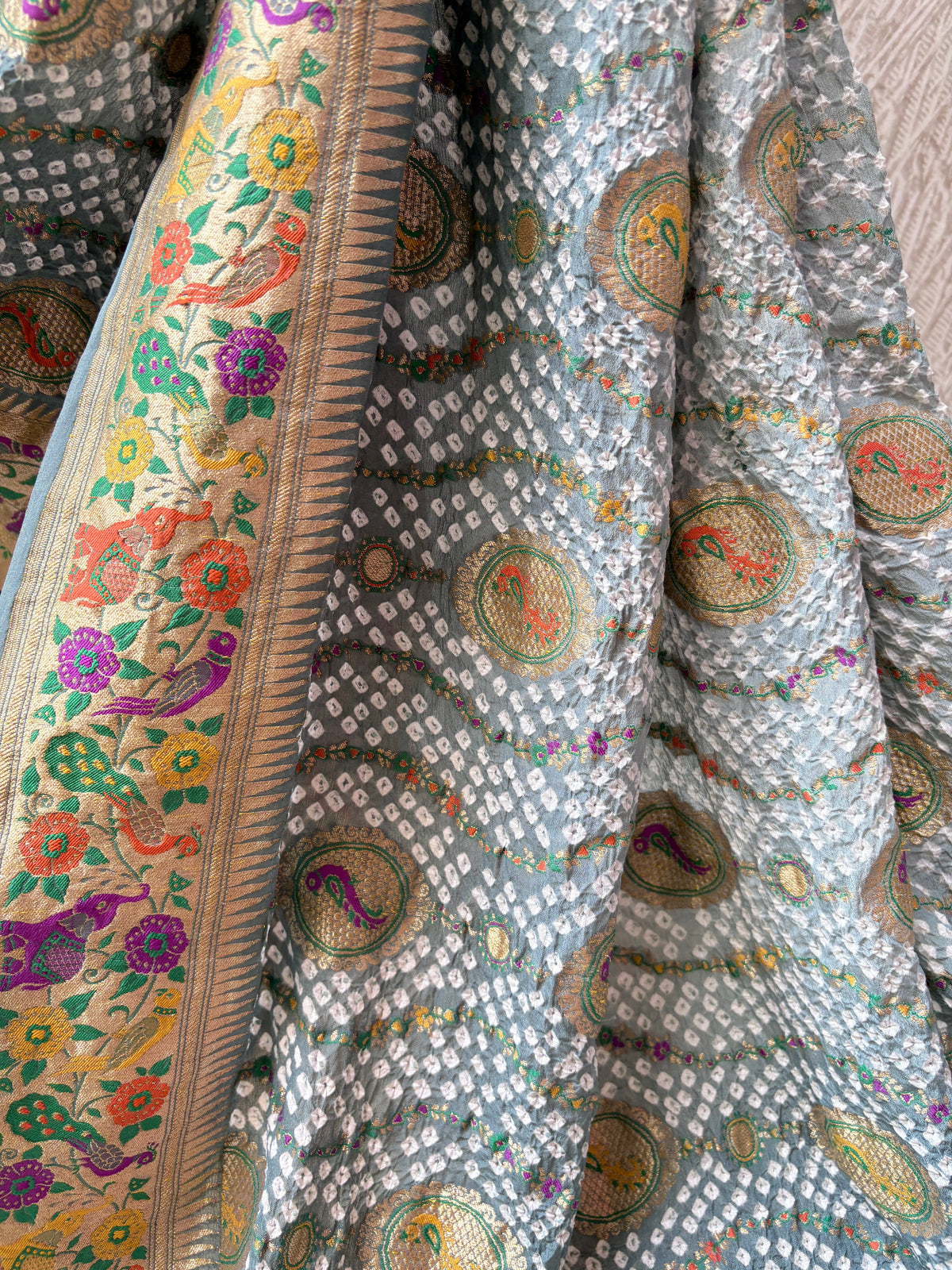 Georgette Figure Weaving Meenakari Grey Ombre Bandhej Dupatta