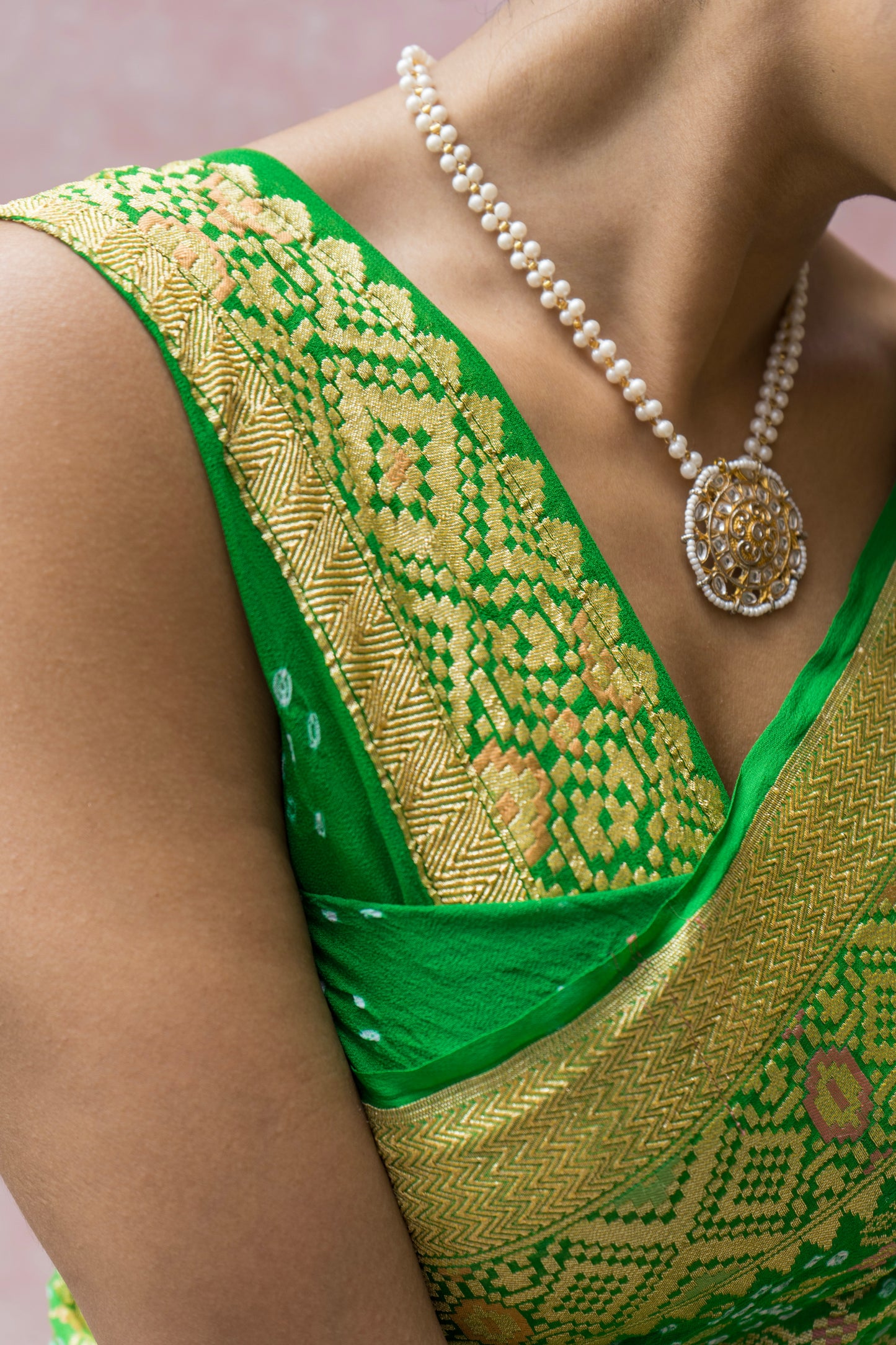 Georgette Patola Meenakari Green Ombre Bandhej Saree