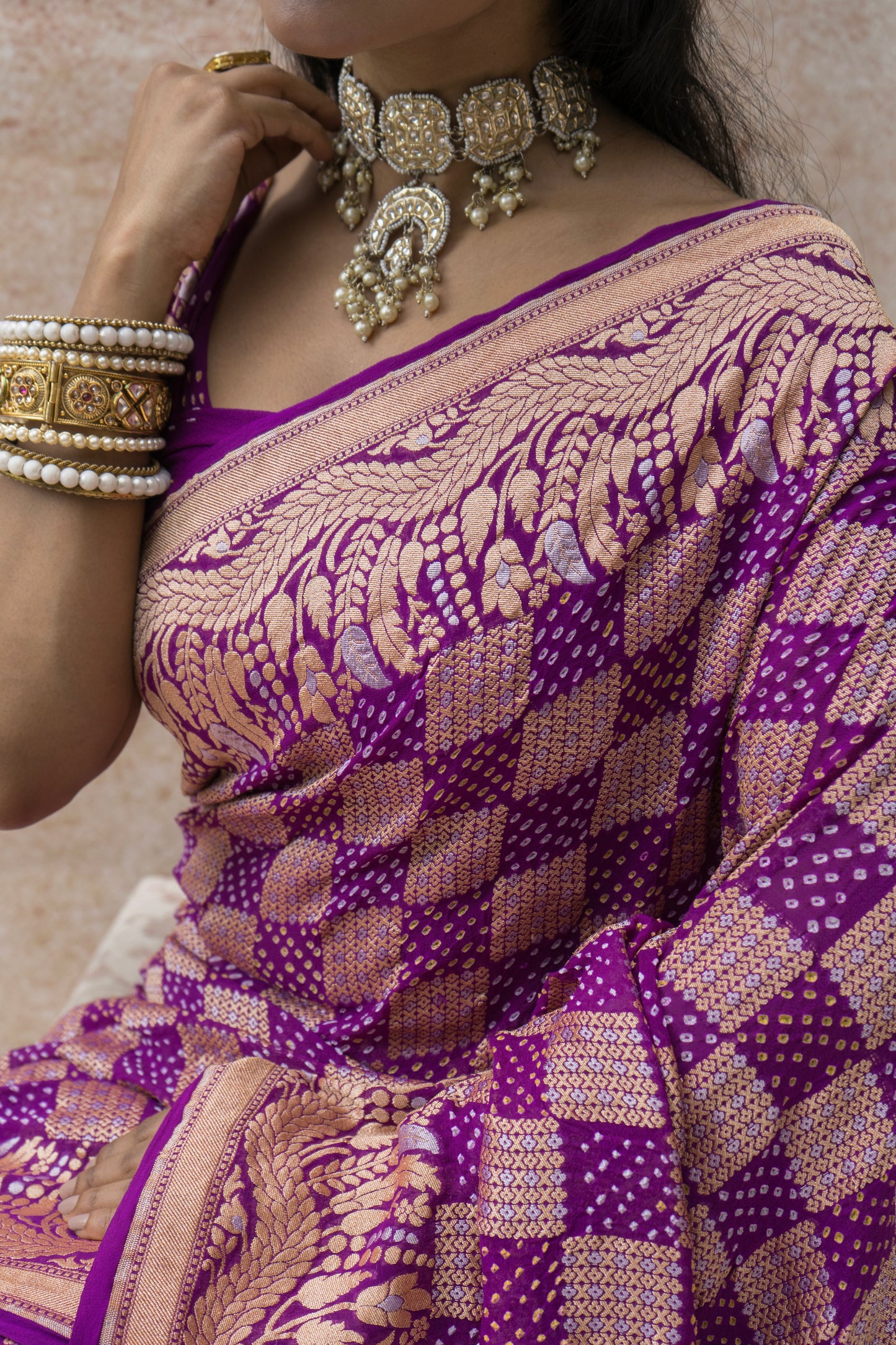 Georgette Sona Rupa Chequered Jaal Purple Bandhej Saree