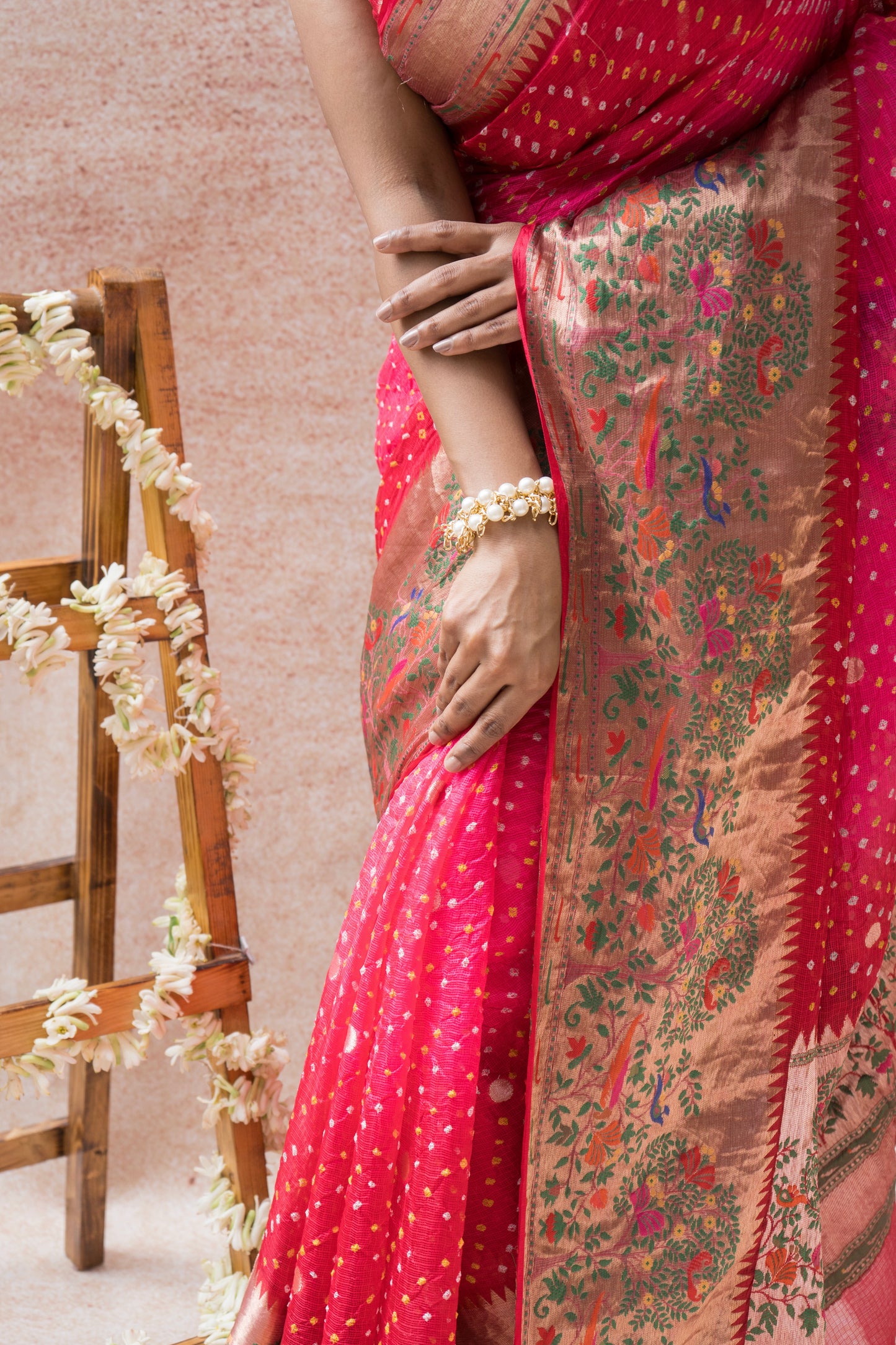 Kota Doria Meenakari Bandhej Red Saree