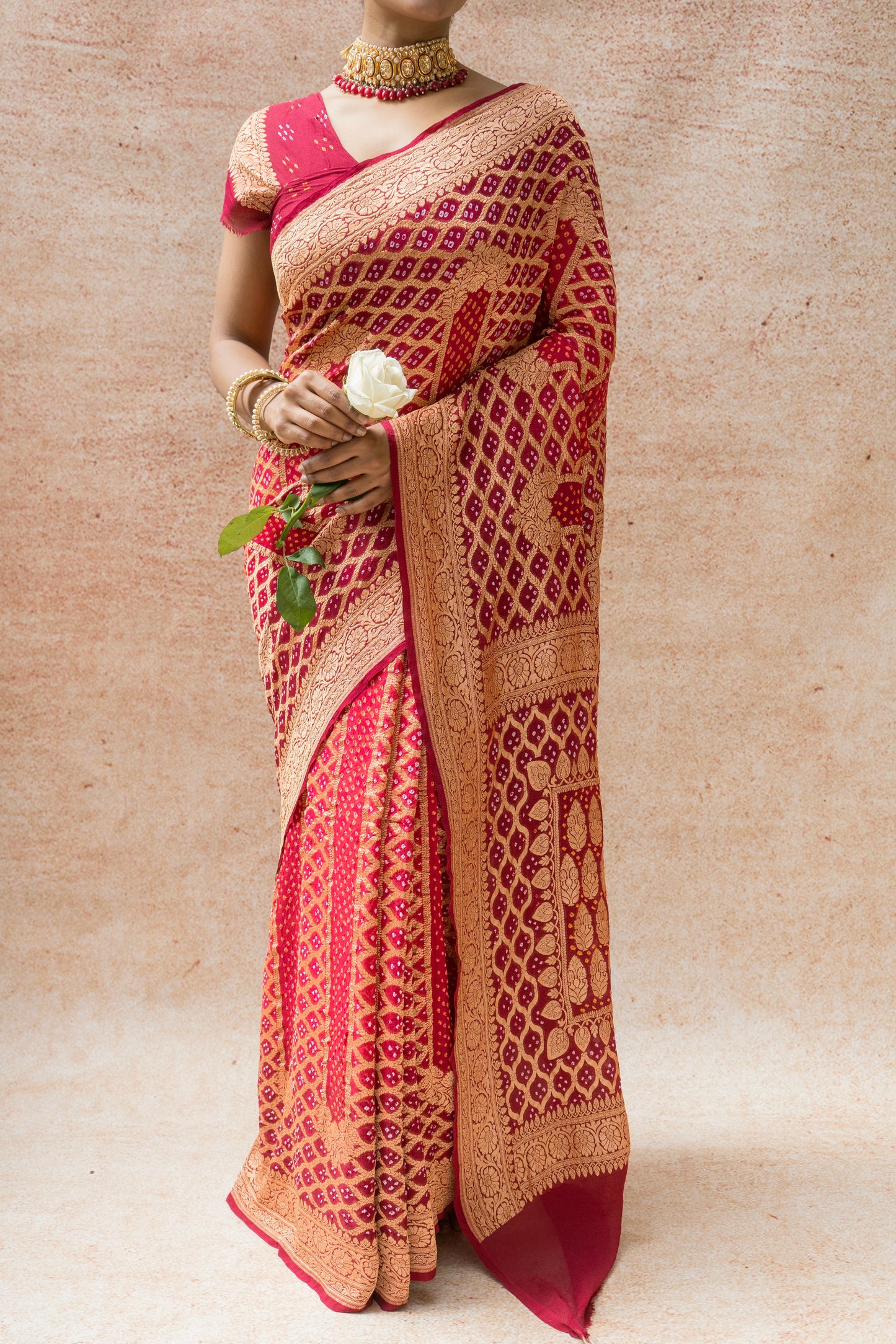 Georgette Neemzari Stripes Jaal Bandhej Red Saree