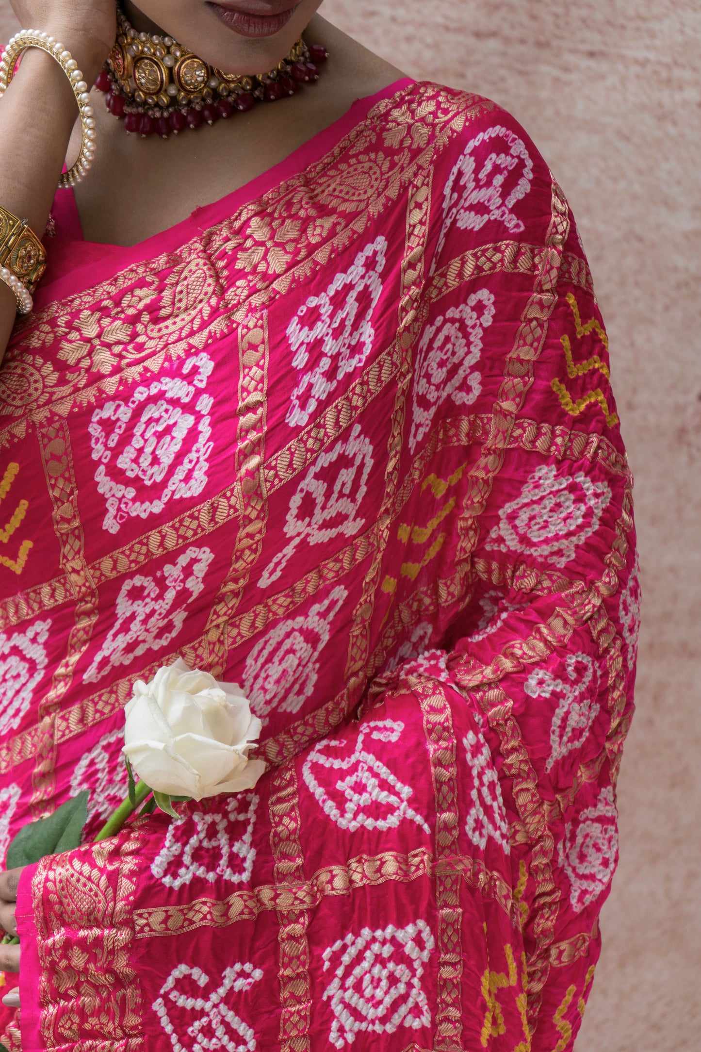 Gajji Naqshi Gharchola Rai Dana Pink Bandhej Saree