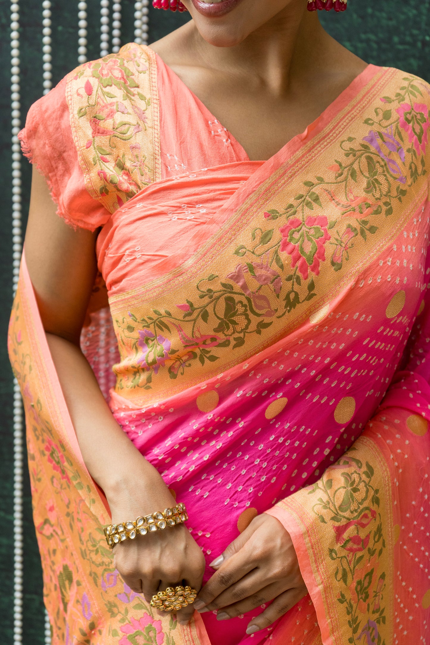 Georgette Paithani Meenakari Pink Ombre Bandhej Saree