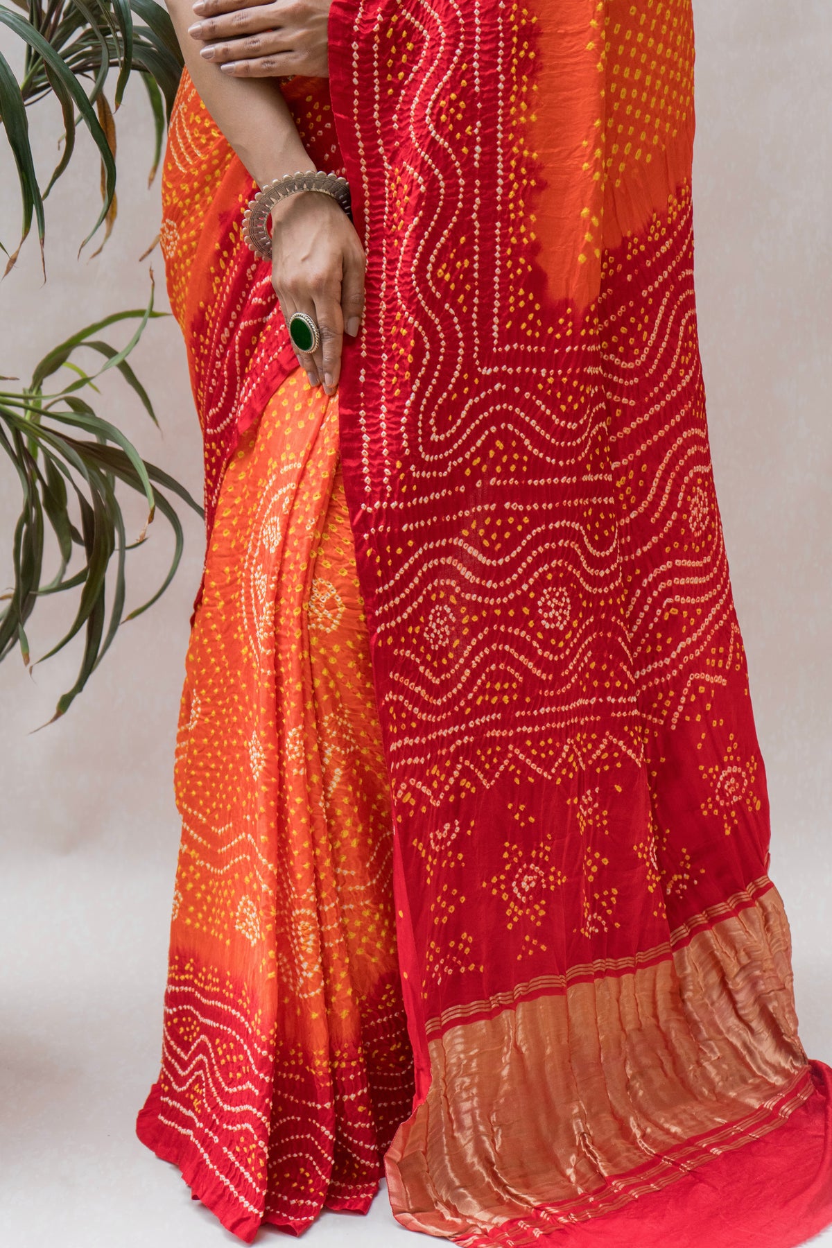 Gajji Orange-Red Chandrakhoni Bandhej Saree