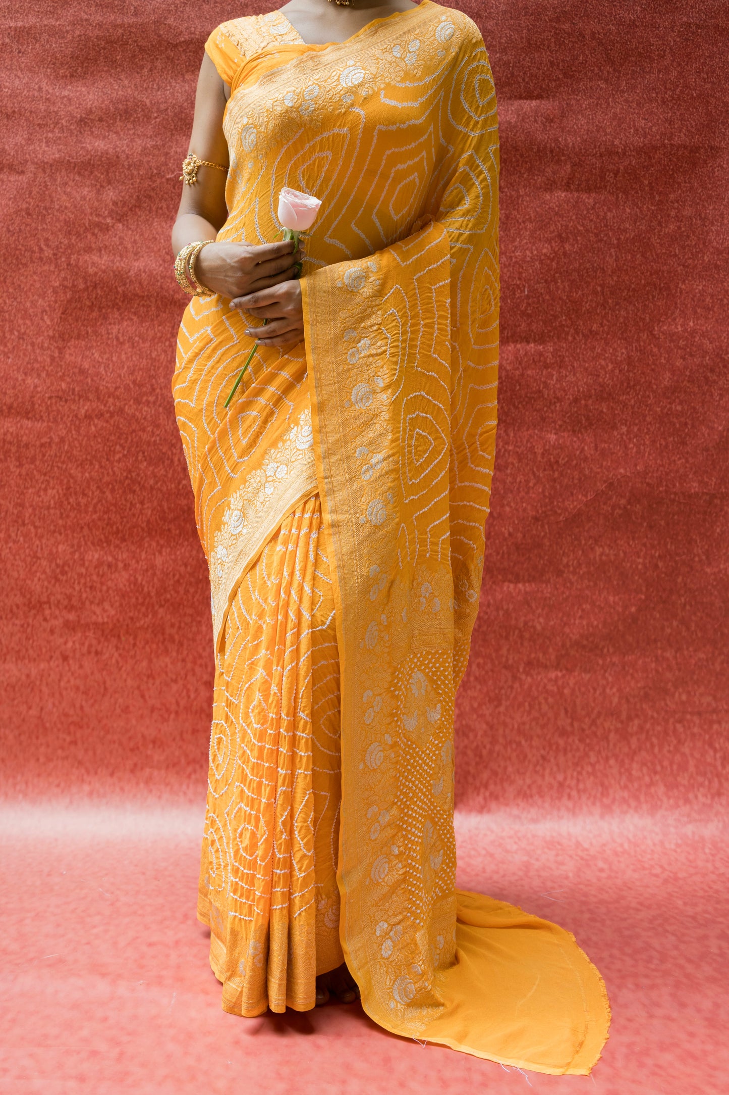 Georgette Sona Rupa Floral Mango Yellow Bandhej Saree