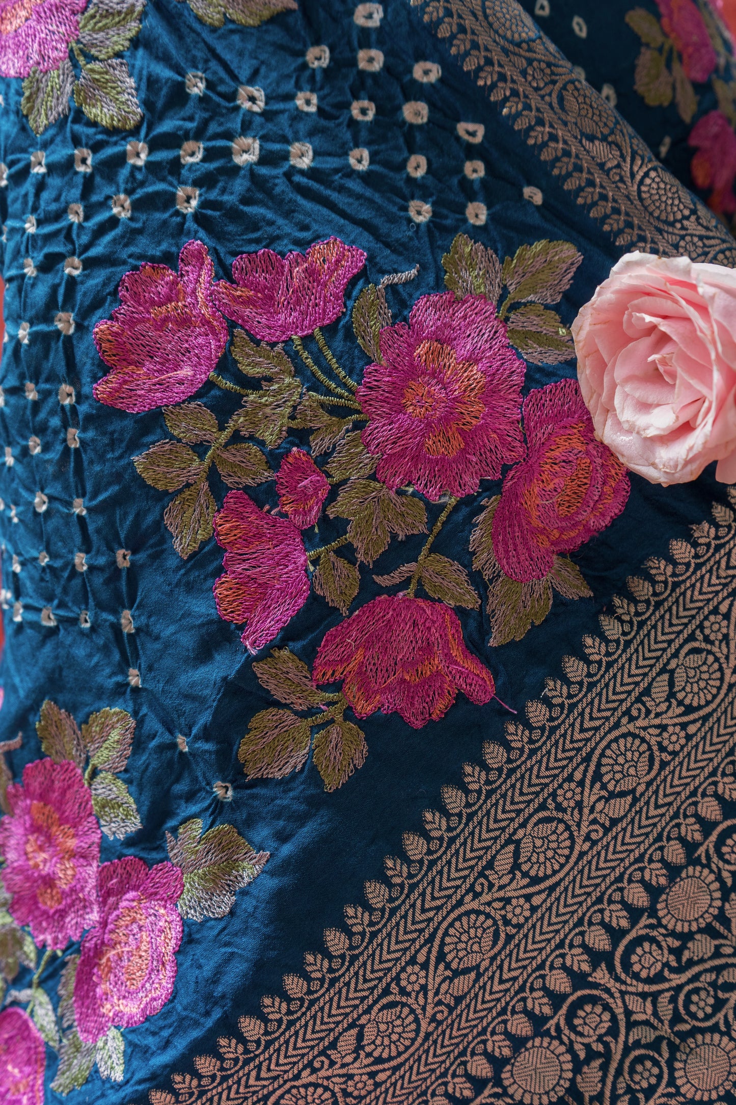 Chiniya Embroidered Royal Blue Bandhej Saree