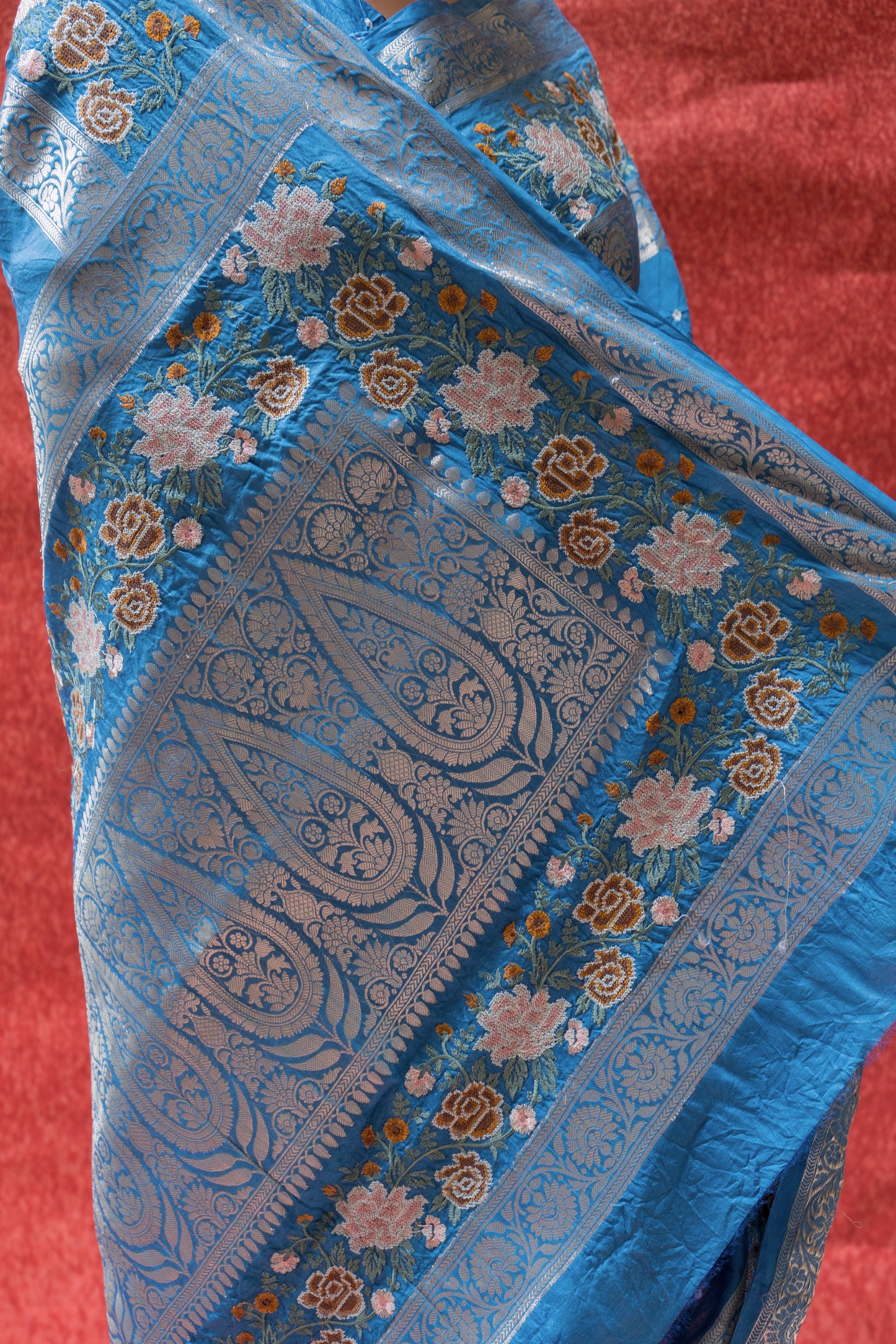 Chiniya Embroidered Double Border Blue Bandhej Saree