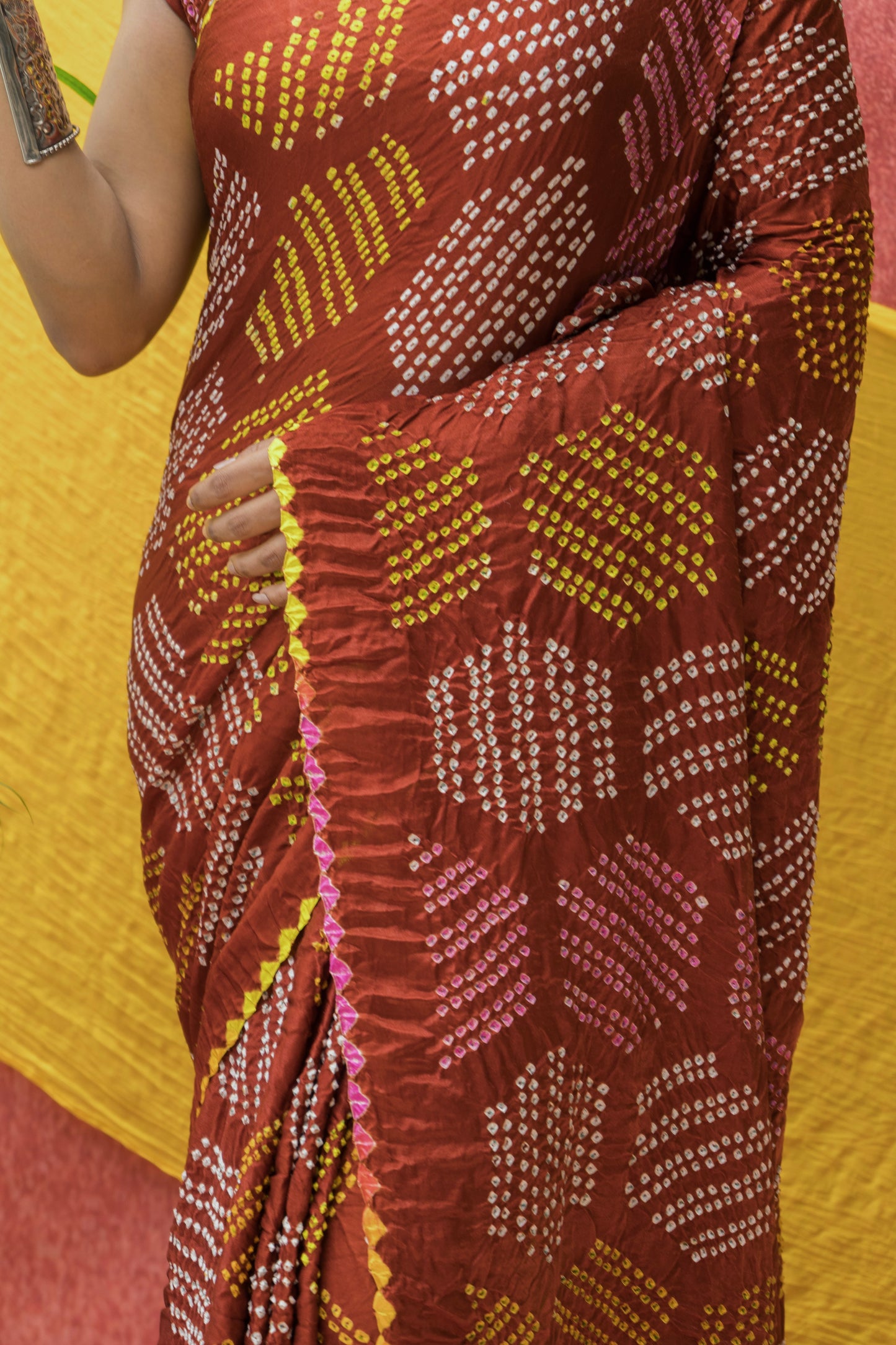 Gajji Rai Dana Brown Bandhej Saree