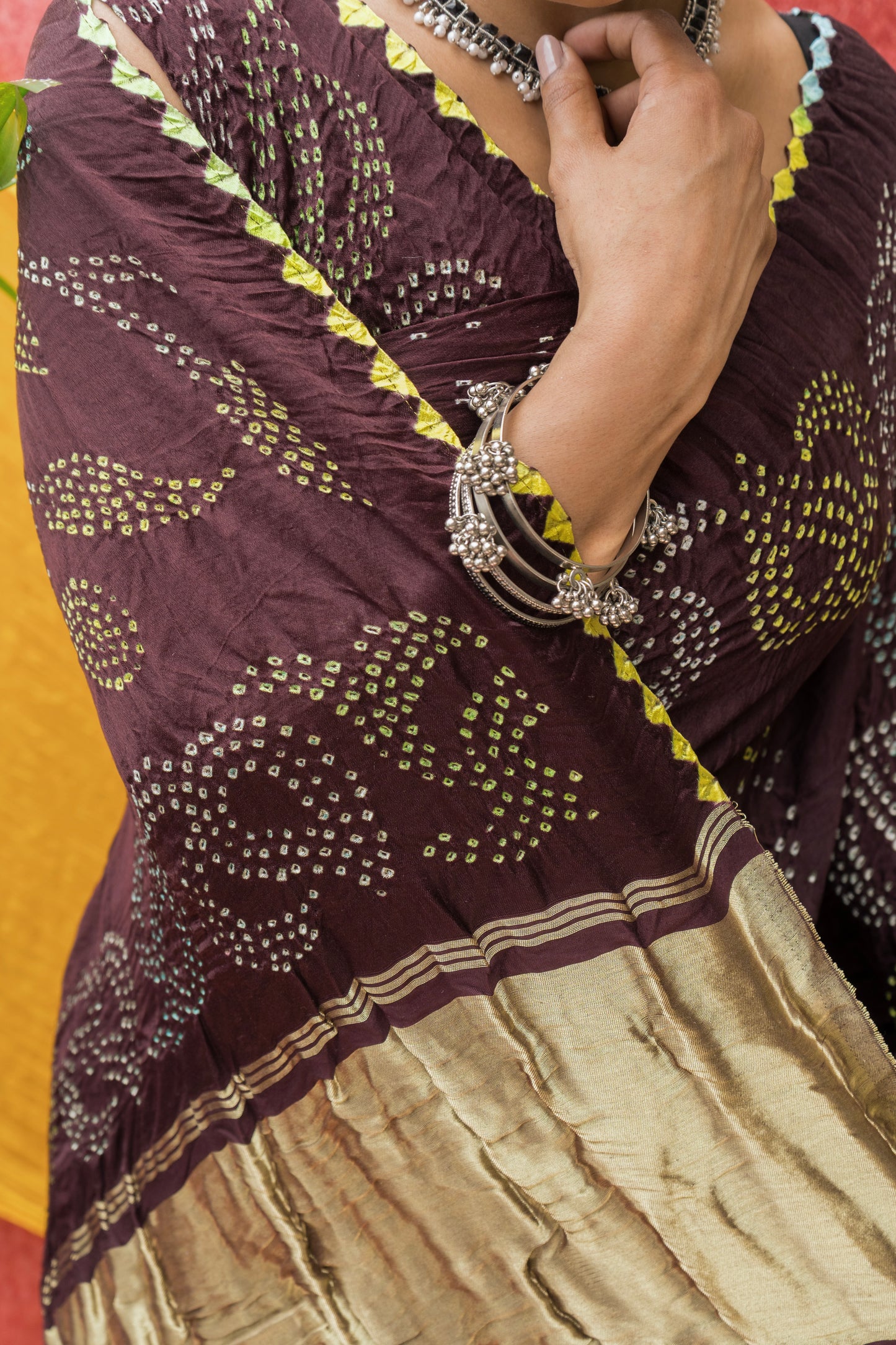 Gajji Rai Dana Chocolate Brown Bandhej Saree