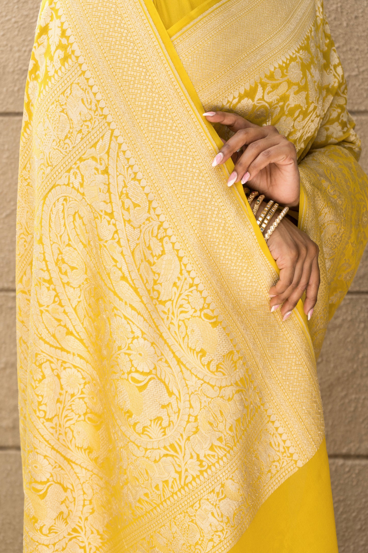 Shikargah Jaal Khaddi Mustard Saree