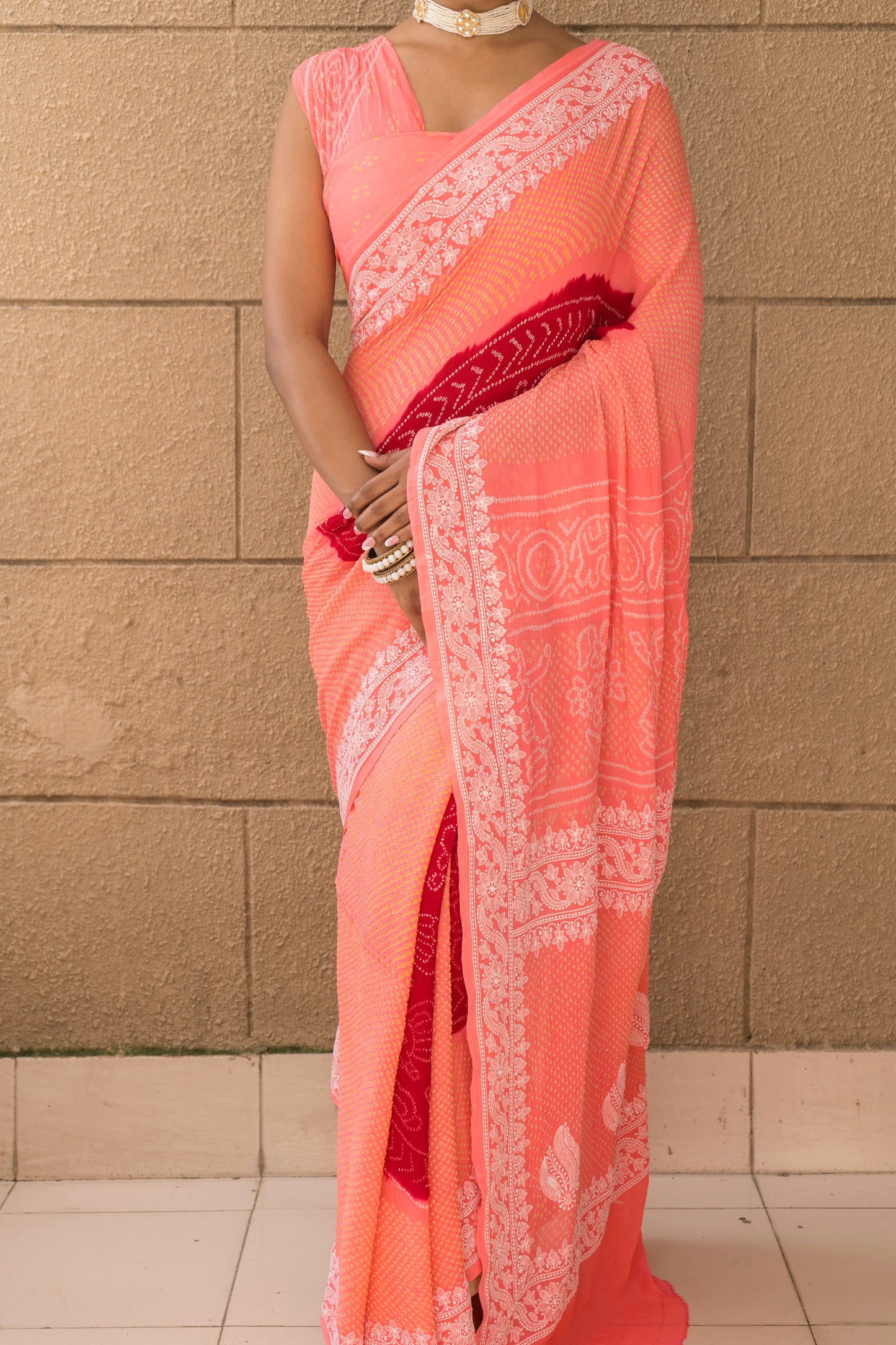 Lucknowi Georgette Rai Dana Red-Baby Pink Bandhej Saree