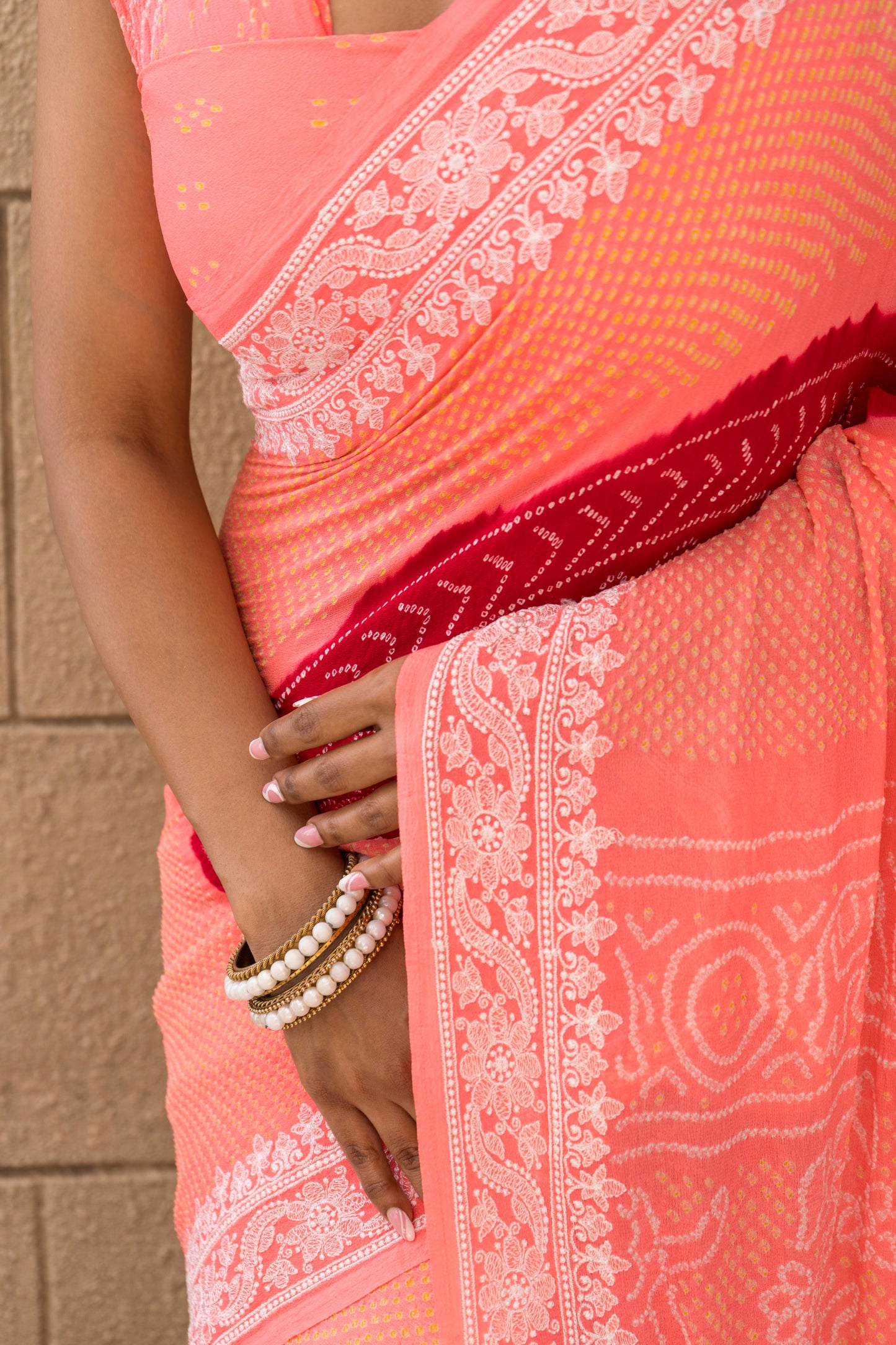 Lucknowi Georgette Rai Dana Red-Baby Pink Bandhej Saree