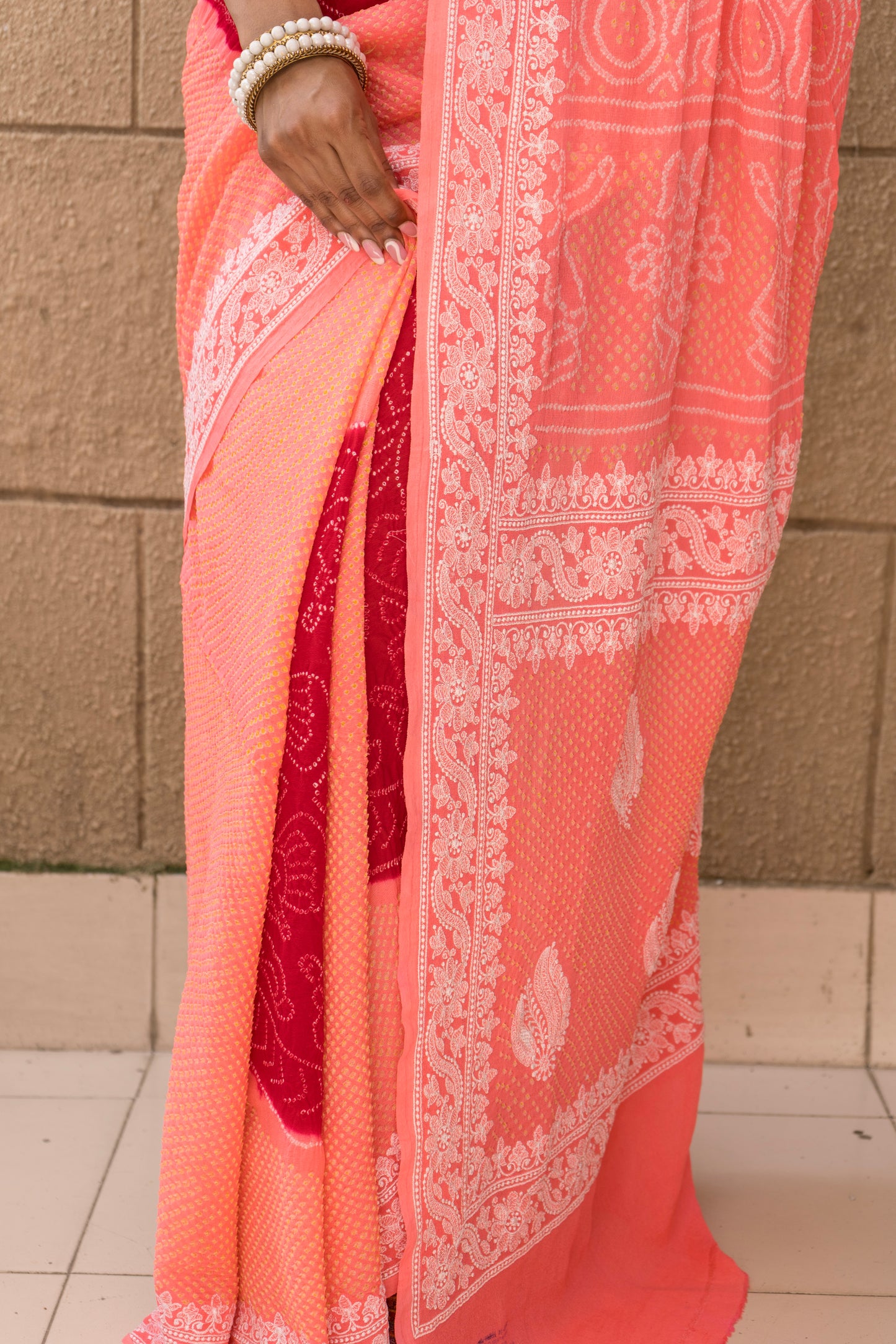 Lucknowi Georgette Rai Dana Red-Baby Pink Bandhej Saree