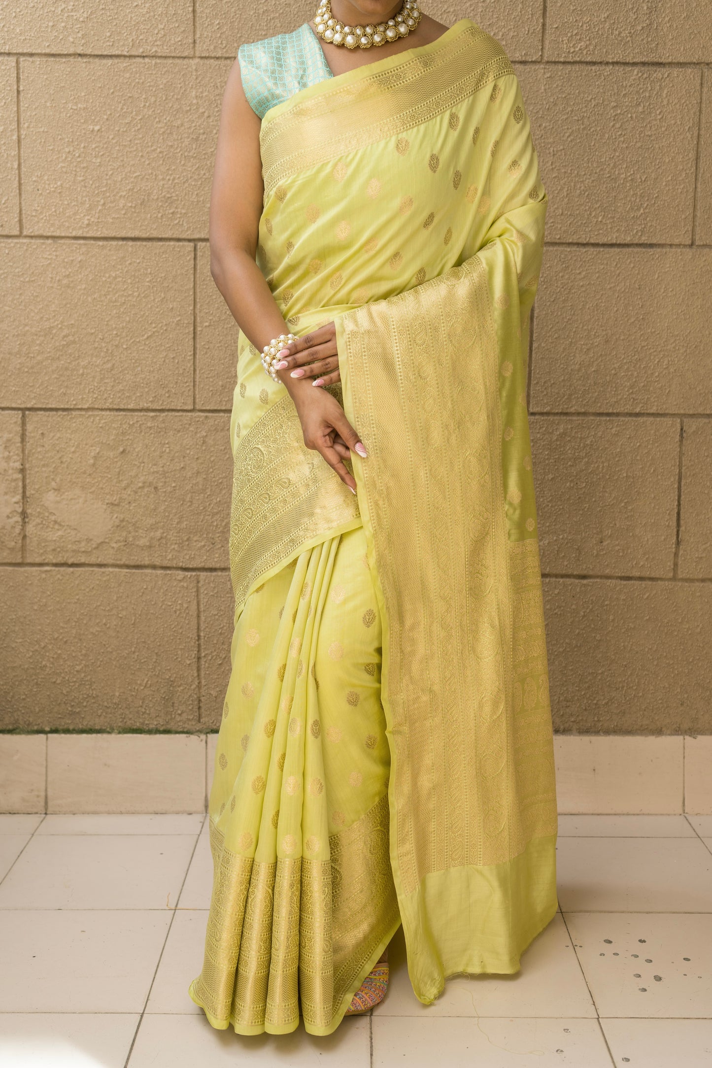 Flurouscent Green Booti Chiniya Saree