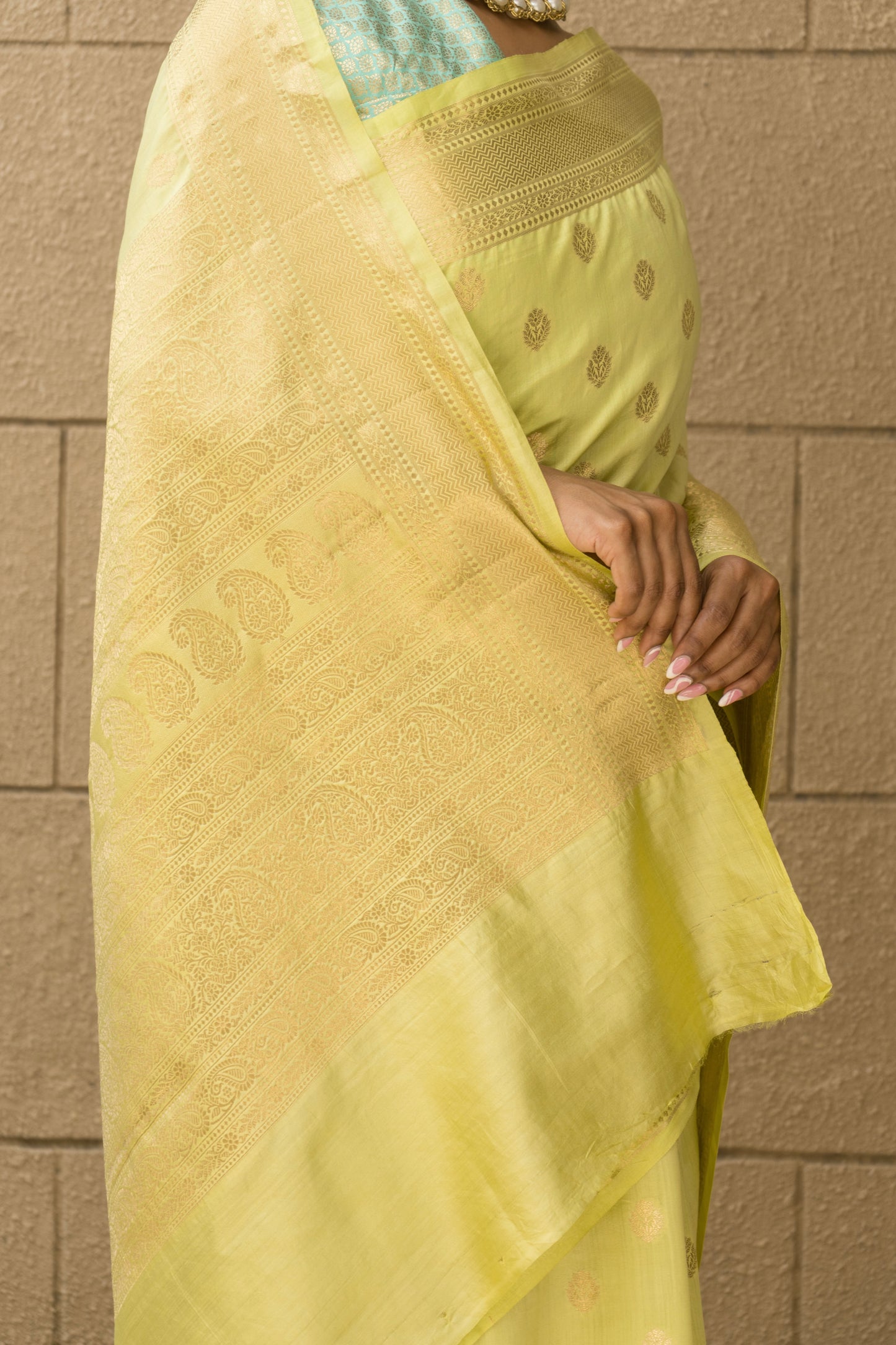 Flurouscent Green Booti Chiniya Saree