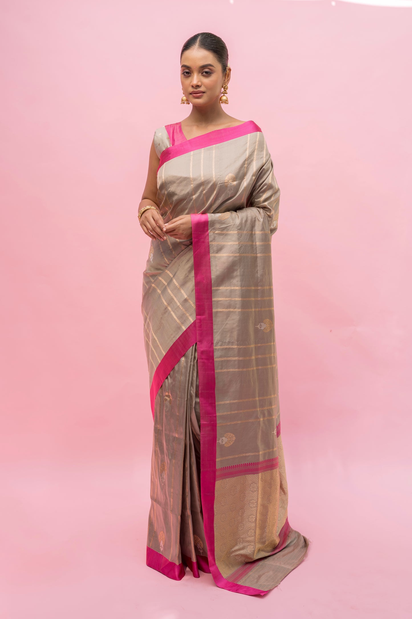 Handloom Satin Silk- Grey Rani Saree