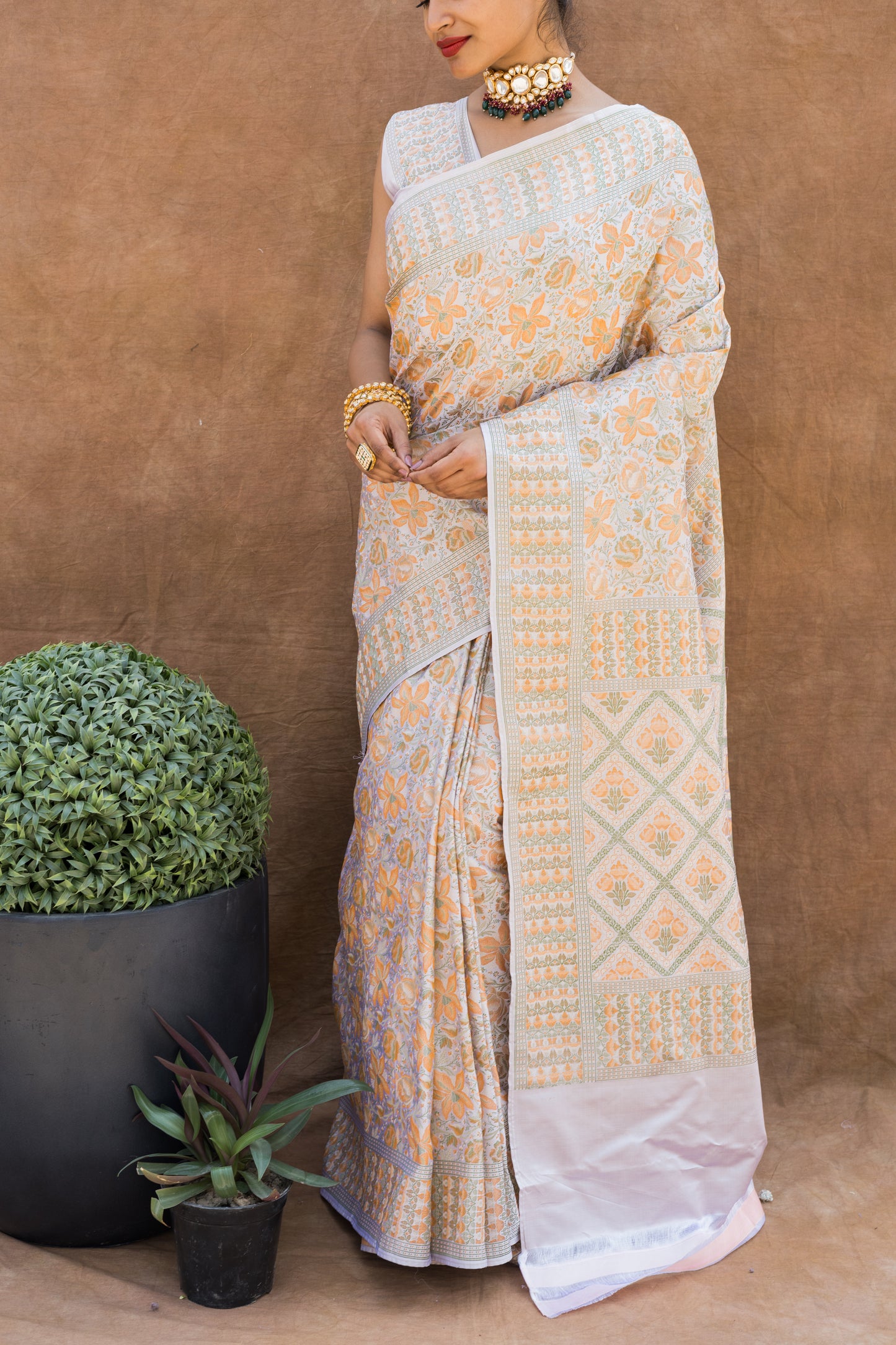 Off White - Light Orange Floral Tanchoi Saree