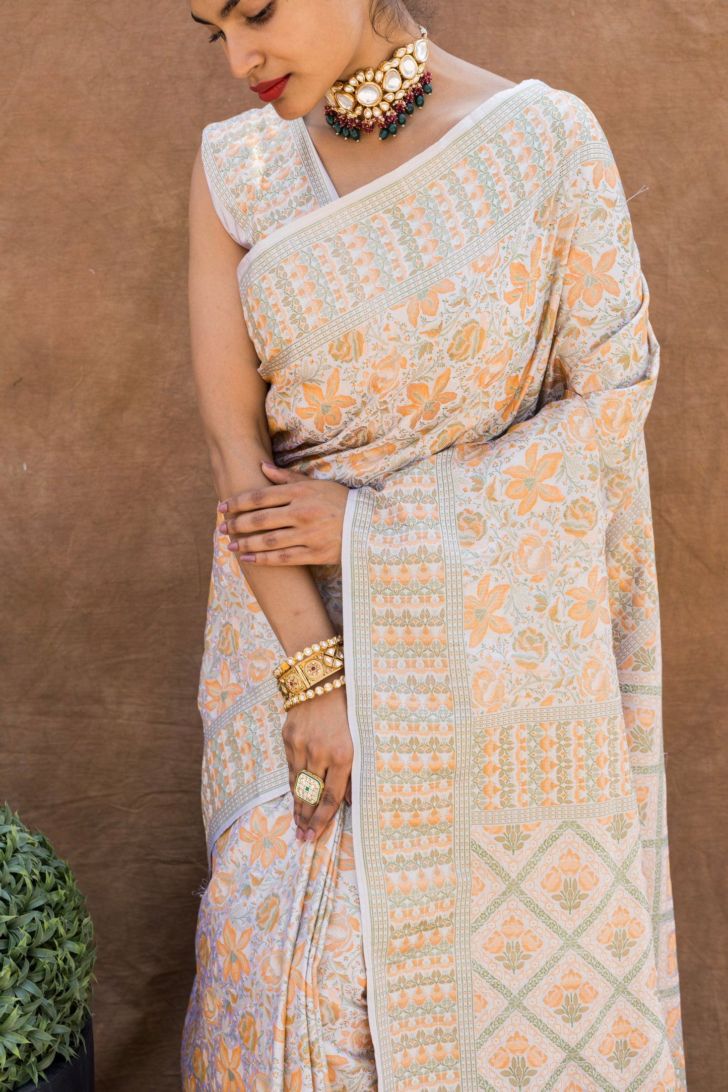 Off White - Light Orange Floral Tanchoi Saree