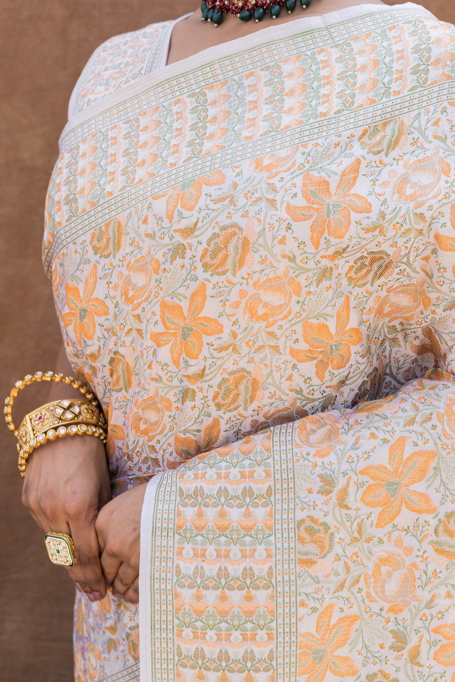 Off White - Light Orange Floral Tanchoi Saree