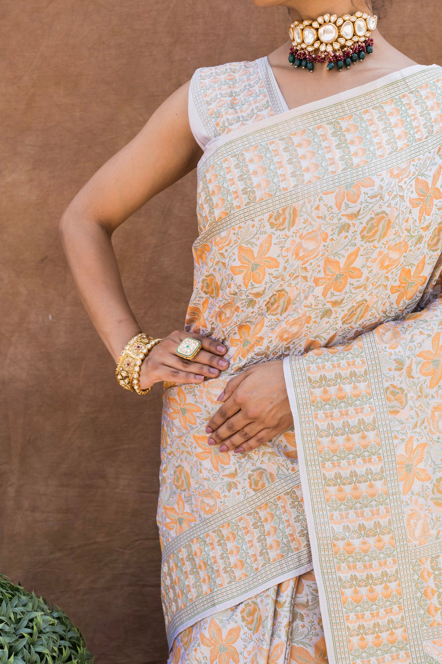 Off White - Light Orange Floral Tanchoi Saree
