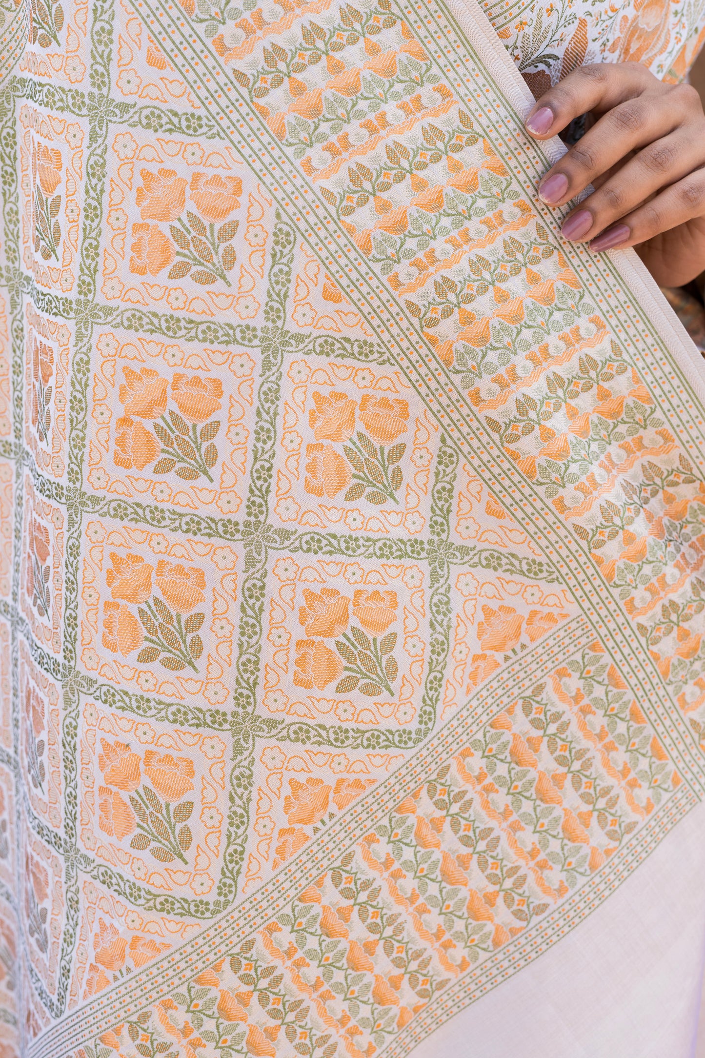 Off White - Light Orange Floral Tanchoi Saree