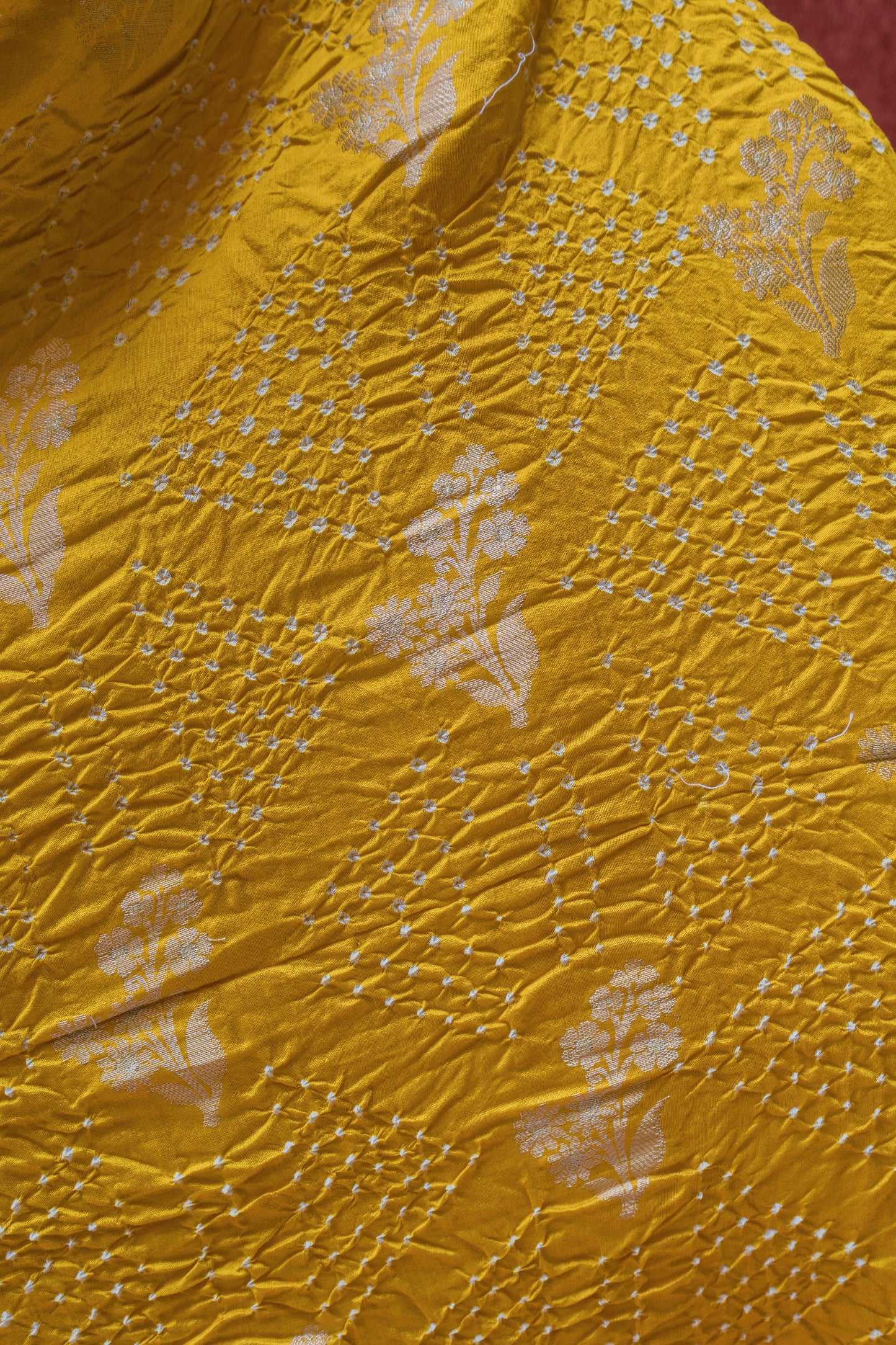 Chiniya Sona Rupa Boota Yellow Bandhej Saree