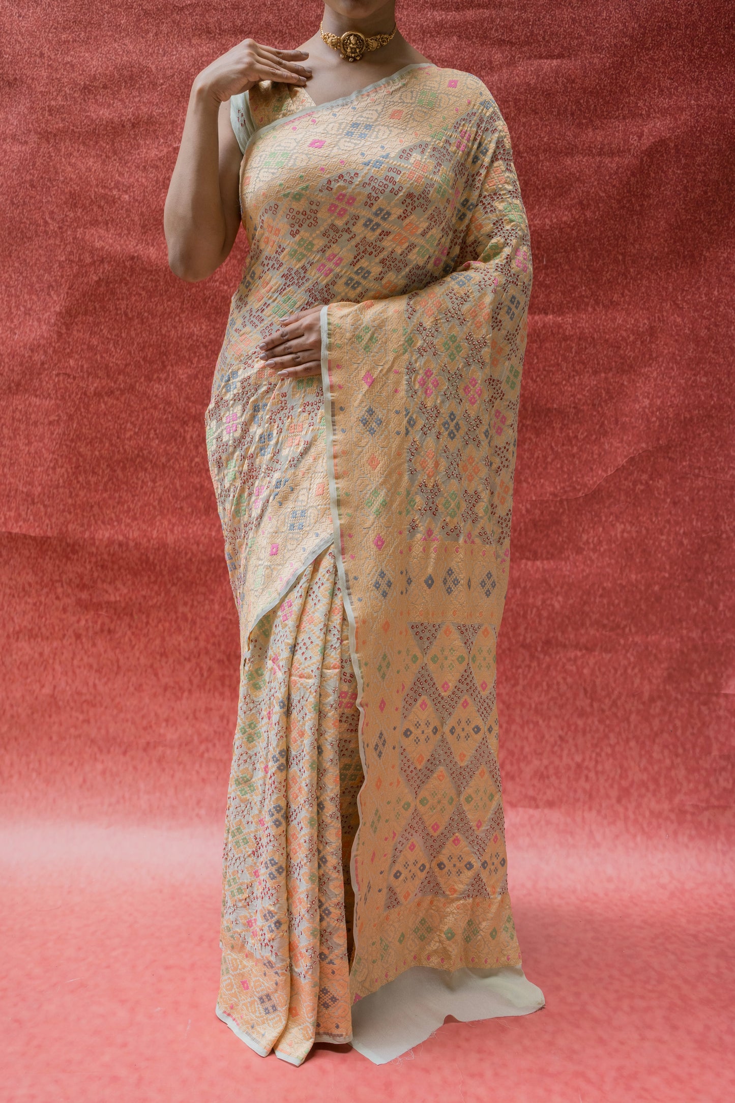 Georgette Patola Meenakari Light Green Bandhej Saree